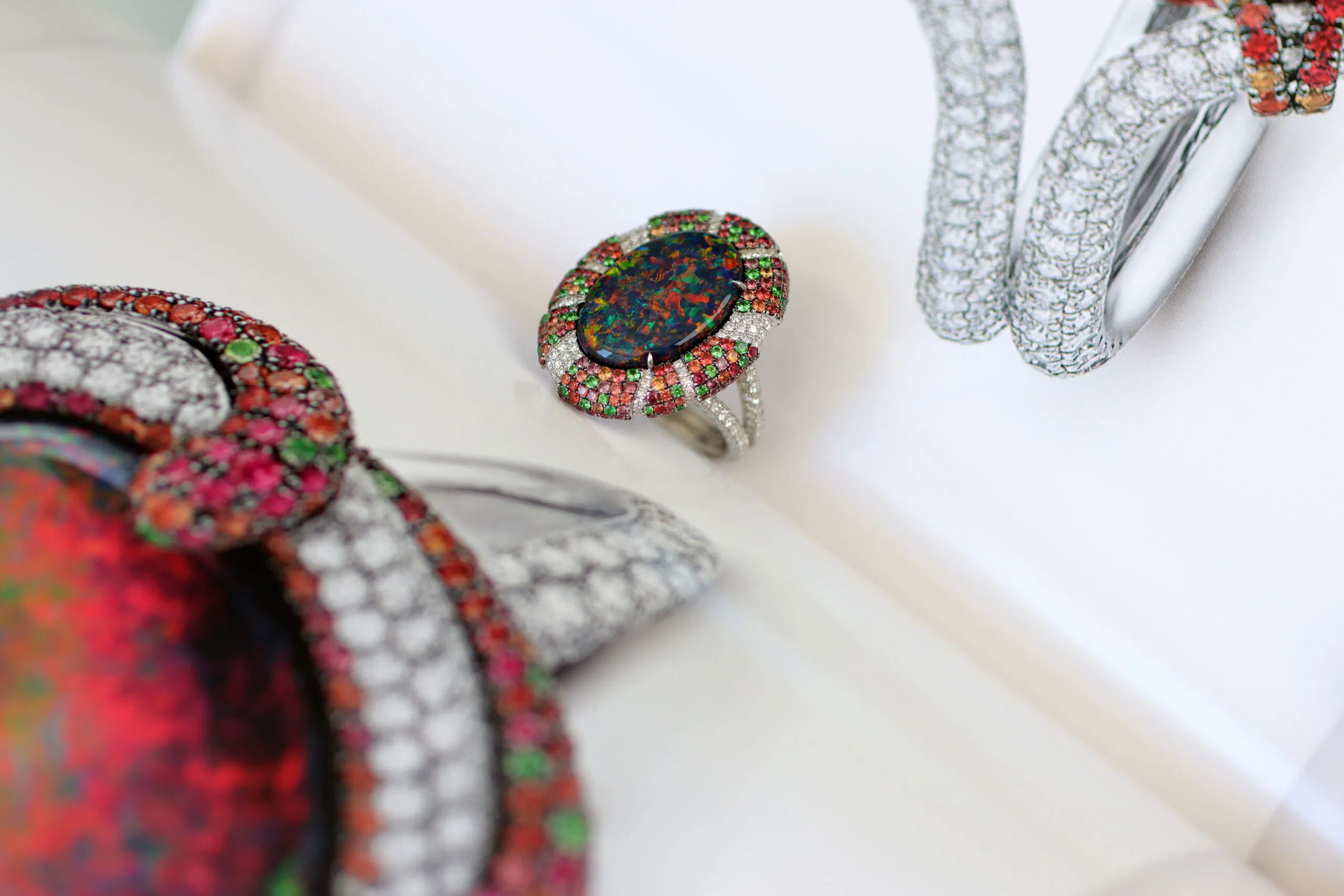 <p>Martin Katz ring with an oval-shaped 6.8-carat Australian black opal, photographed at the jeweller’s Penthouse appointment-only space in Beverly Hills </p>
