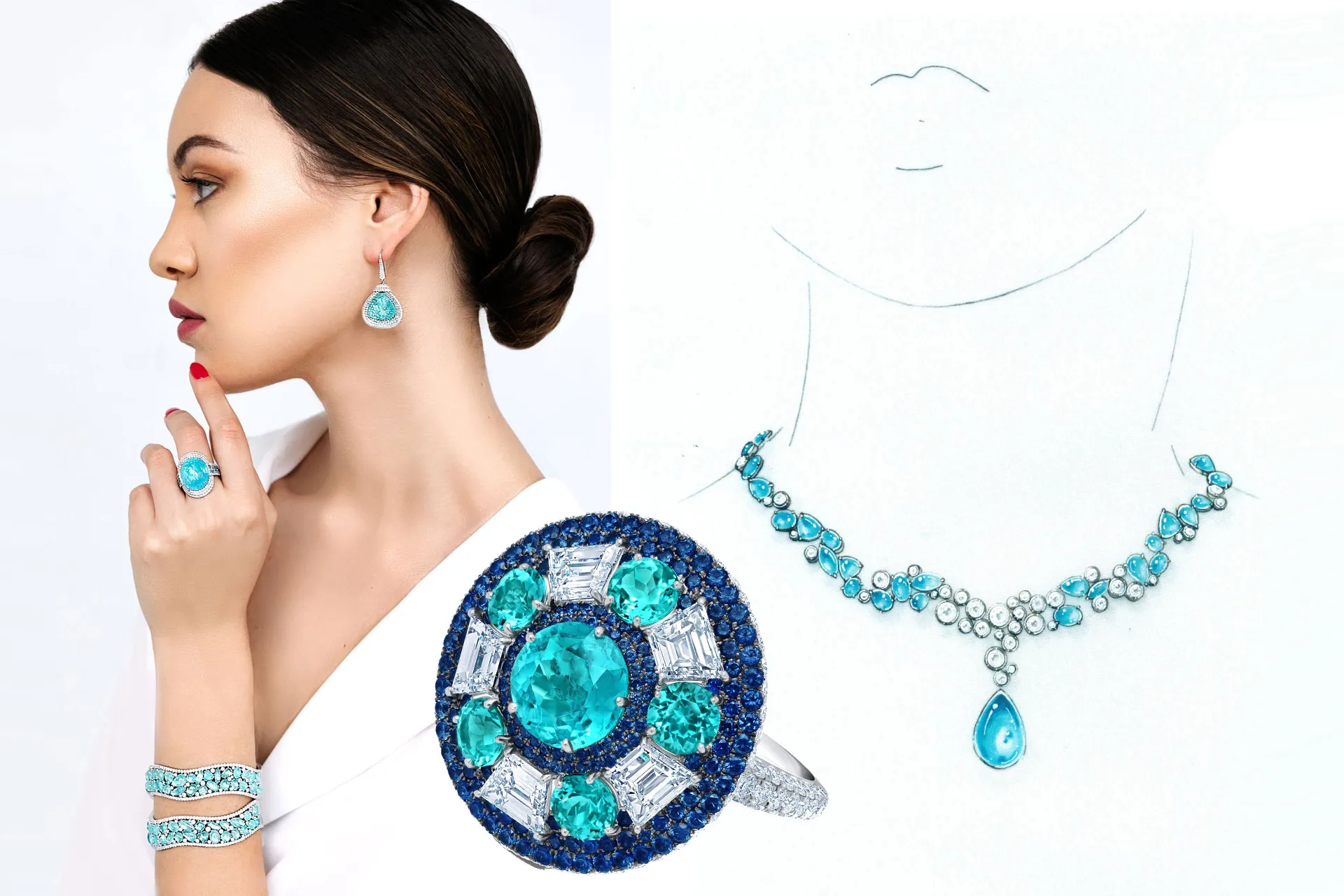 <p>Martin Katz Brazilian Paraiba tourmaline and diamond Parasol ring with trapezoid diamonds, micro-set with 406 diamonds and sapphires, set in platinum, alongside a model wearing Martin Katz High Jewellery pieces from the Brazilian Paraiba Tourmaline &#038; Diamond collection and an artistic rendering of a Paraiba tourmaline cabochon and diamond necklace ©martinkatzjewels</p>
