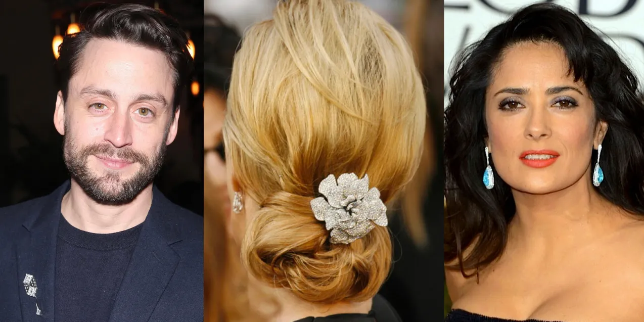 <p>Famous faces in Martin Katz jewels, including (from left to right) Kieran Culkin in a Deco-inspired diamond lapel pin with French-cut, baguette-cut, and micro-set diamonds at the 2024 SAG Awards; Felicity Huffman with a Gardenia brooch in her hair at the Oscars, set with 1,300 diamonds weighing over 40 carats, and Salma Hayek in a pair of Brazilian Paraiba tourmaline and diamond earrings from the High Jewellery collection at the Golden Globe Awards ©martinkatzjewels</p>
