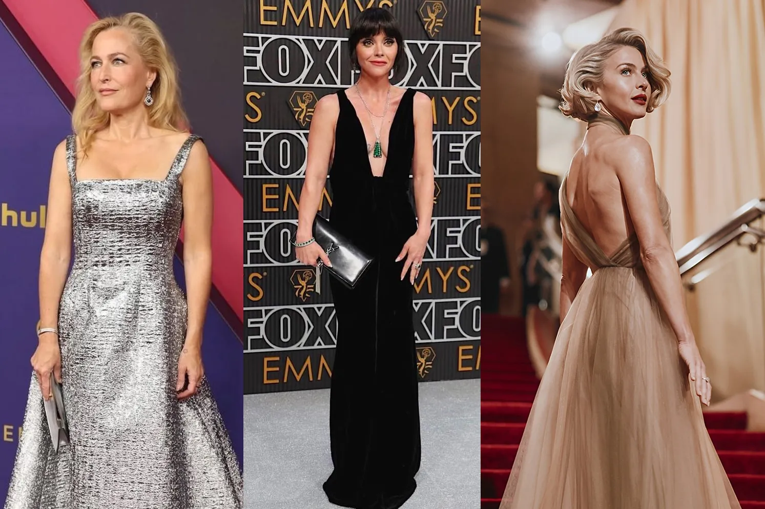 <p>A trio of famous women wearing Martin Katz jewels, including (from left to right) Gillian Anderson at the 2024 Emmy Awards in a pair of black and white diamond Deco-inspired earrings in 18k white gold, Christina Ricci at the 2024 Emmy Awards wearing a pair of Emerald Diamond Tassel earrings, a cabochon emerald Parasol ring and an Emerald Bead Tassel necklace, plus further pieces, and Julianne Hough in a carré cut three-stone diamond ring in platinum and 7ct cushion-cut diamond drop earrings in 18k white gold ©martinkatzjewels</p>
