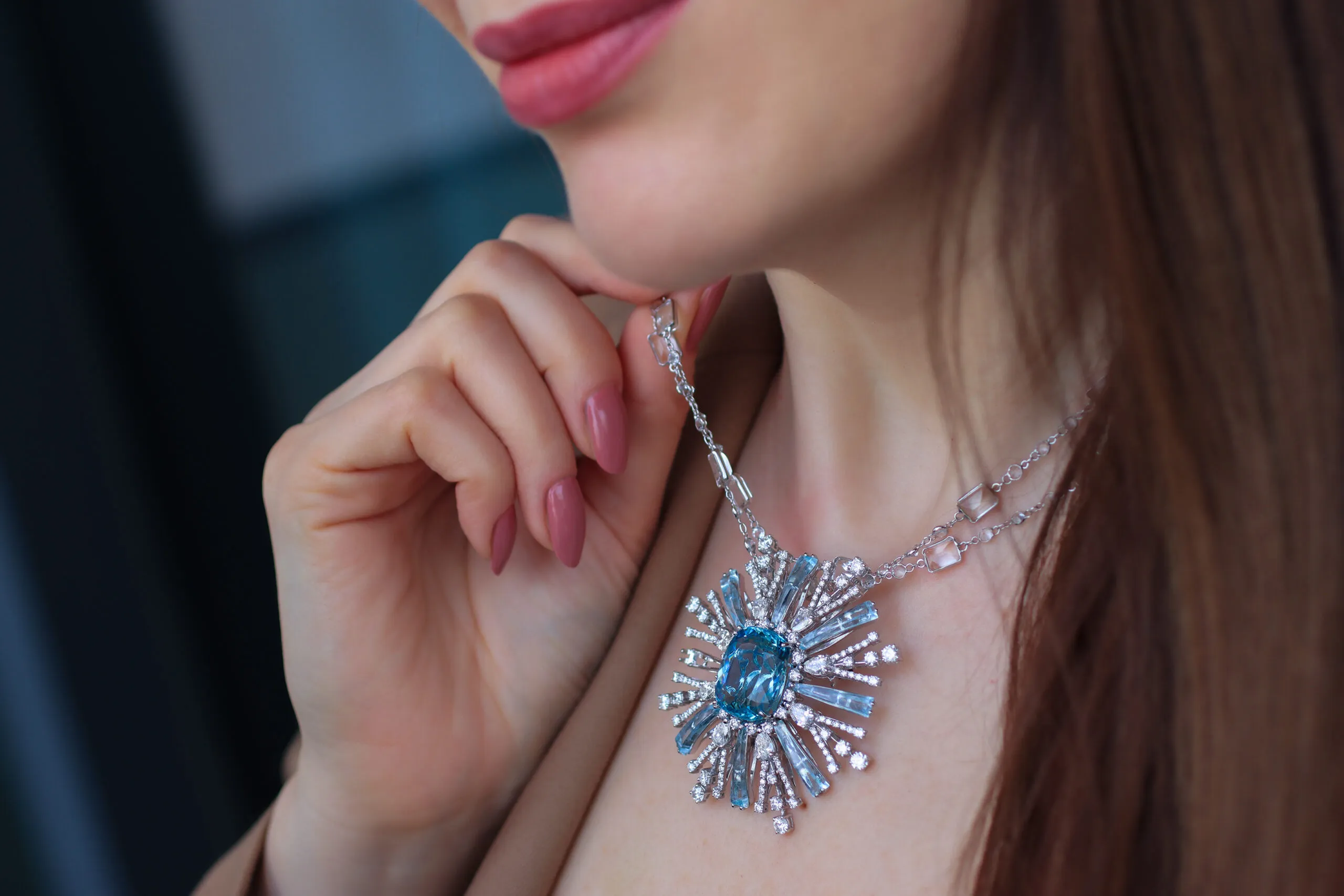 <p>Katerina Perez wears a Mergin Jewelry by Mehragin Rahmati necklace with aquamarine and diamonds </p>
