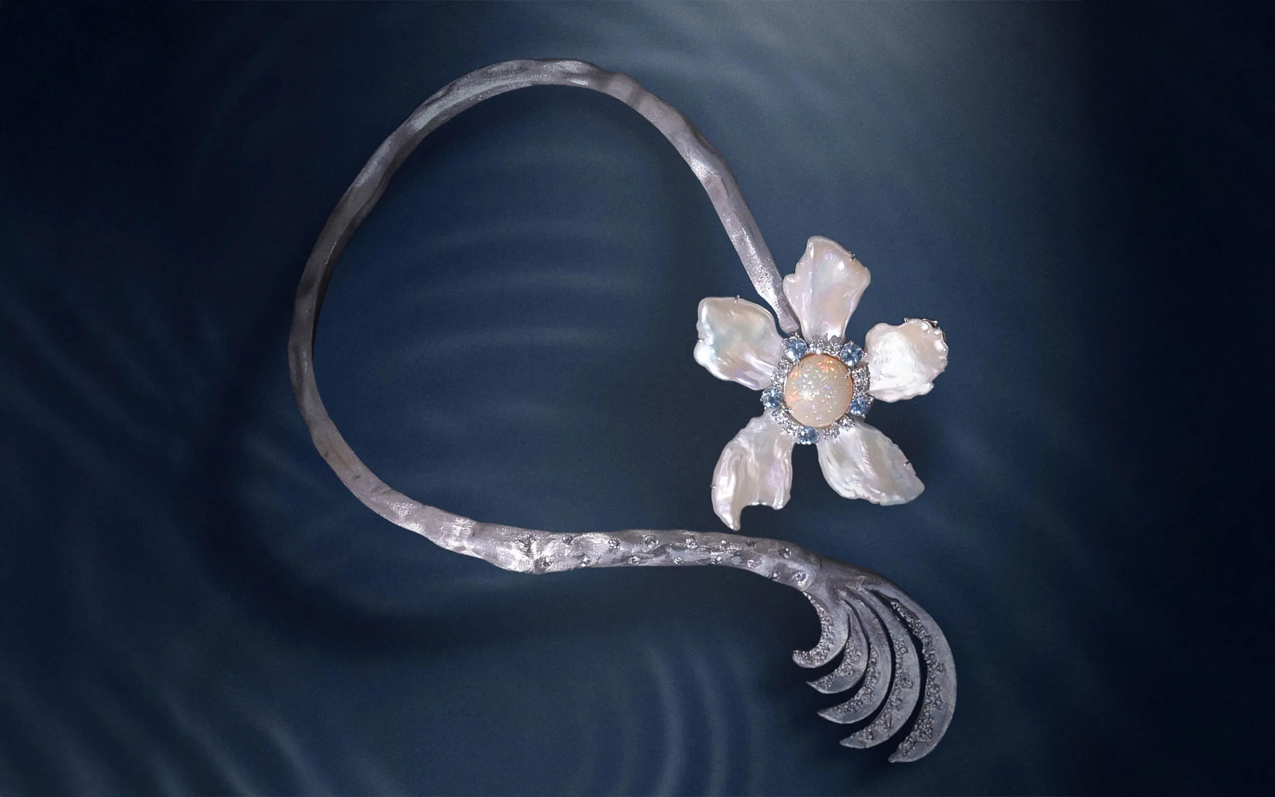 <p>Mergin Jewelry by Mehragin Rahmati necklace with diamonds, aquamarine, opal and pearls </p>
