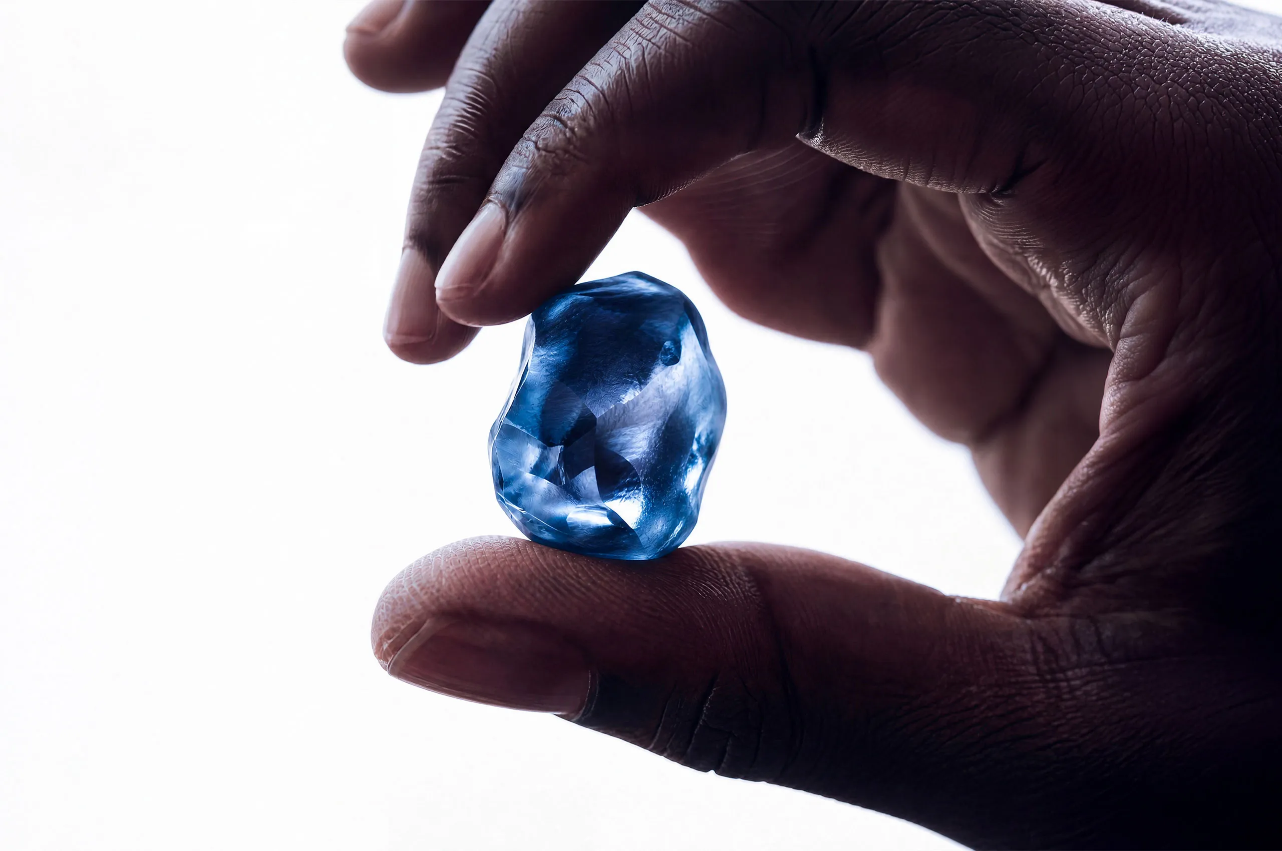 The 41.11-carat rough crystal from which the Okavango Blue diamond was cut, discovered at Botswana’s Orapa Mine
