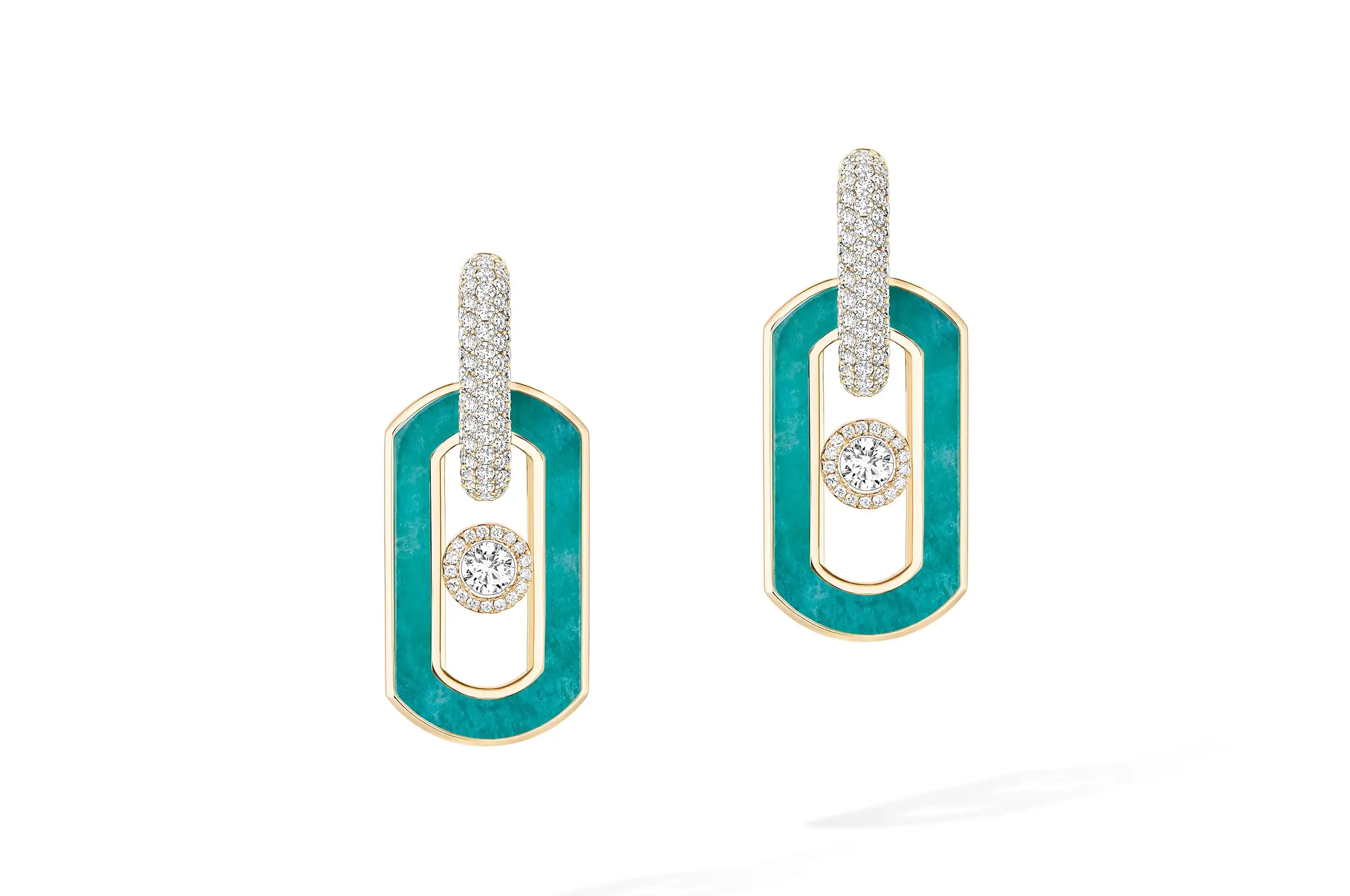 So Move Colour earrings in amazonite and 18 carat yellow gold, with Messika’s signature moving diamond.