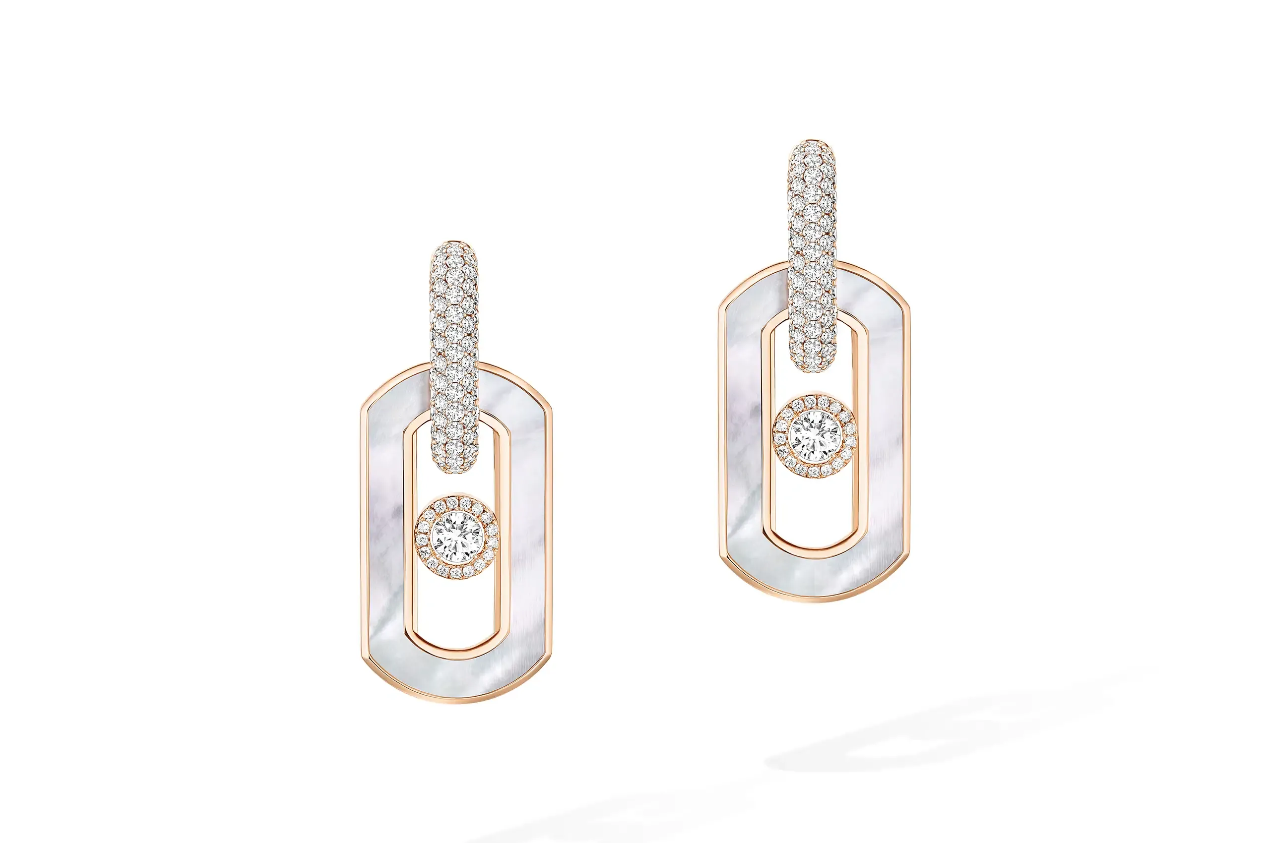 So Move Colour earrings in white mother of pearl and 18 carat rose gold.
