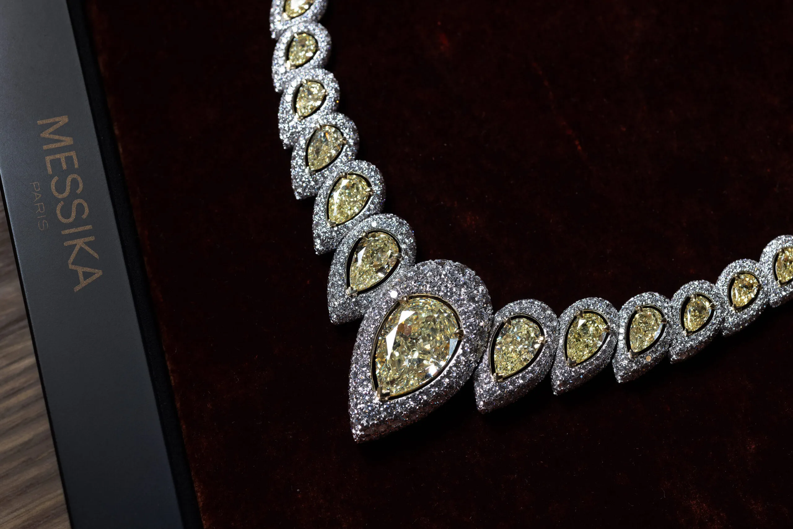 <p>The Messika Incandescence necklace from the Terres d’Instinct High Jewellery collection features a 20.04-carat fancy yellow pear-shaped diamond surrounded by further yellow diamonds and white diamonds, set in 18k white gold </p>