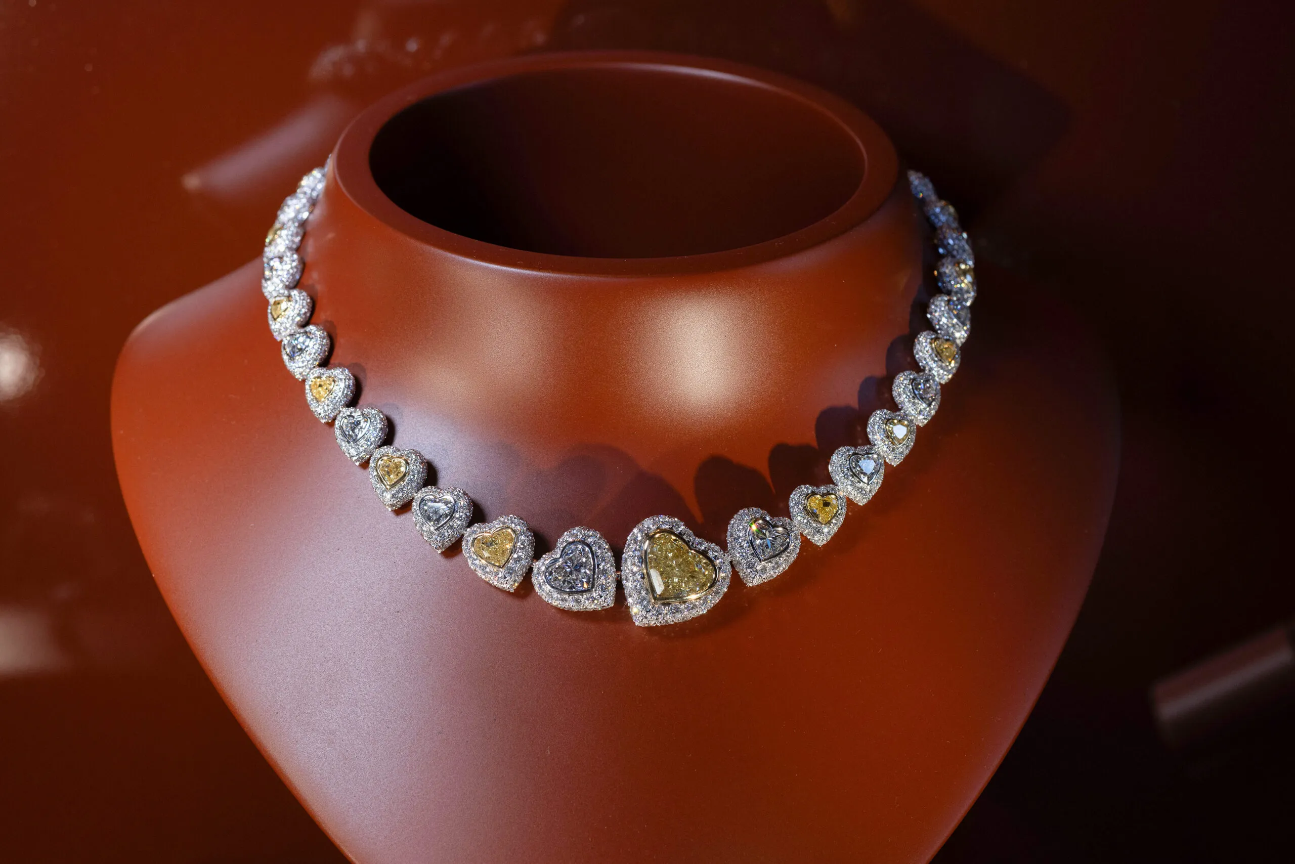<p>Messika Akoma necklace with a heart-shaped fancy yellow diamond of 8.12 carats surrounded by further white and yellow diamonds, set in 18k white gold, part of the Terres d’Instinct High Jewellery collection</p>