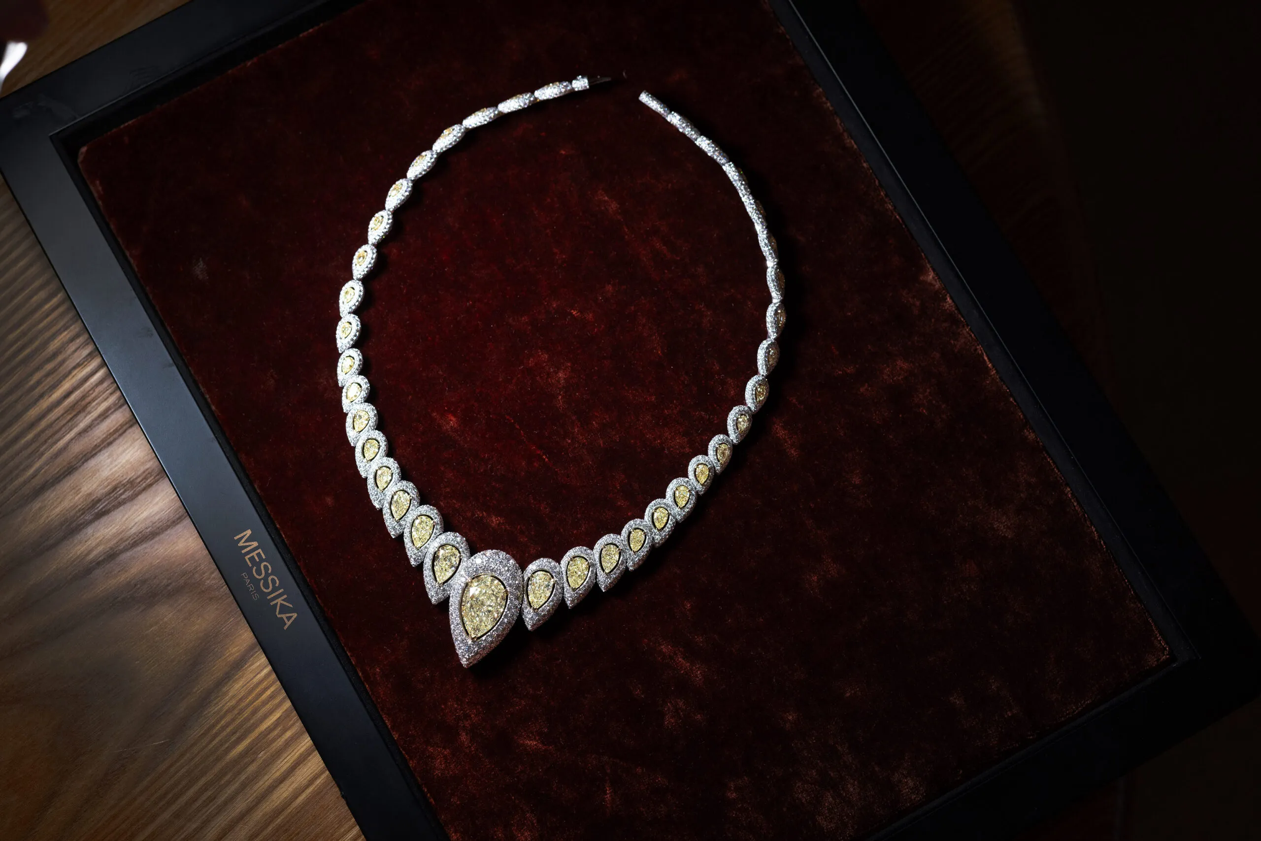<p>Messika Incandescence necklace with a fancy yellow pear-shaped diamond of 20.04 carats, surrounded by 37 yellow diamonds and white diamonds in 18k white gold, from the Terres d’Instinct High Jewellery collection</p>