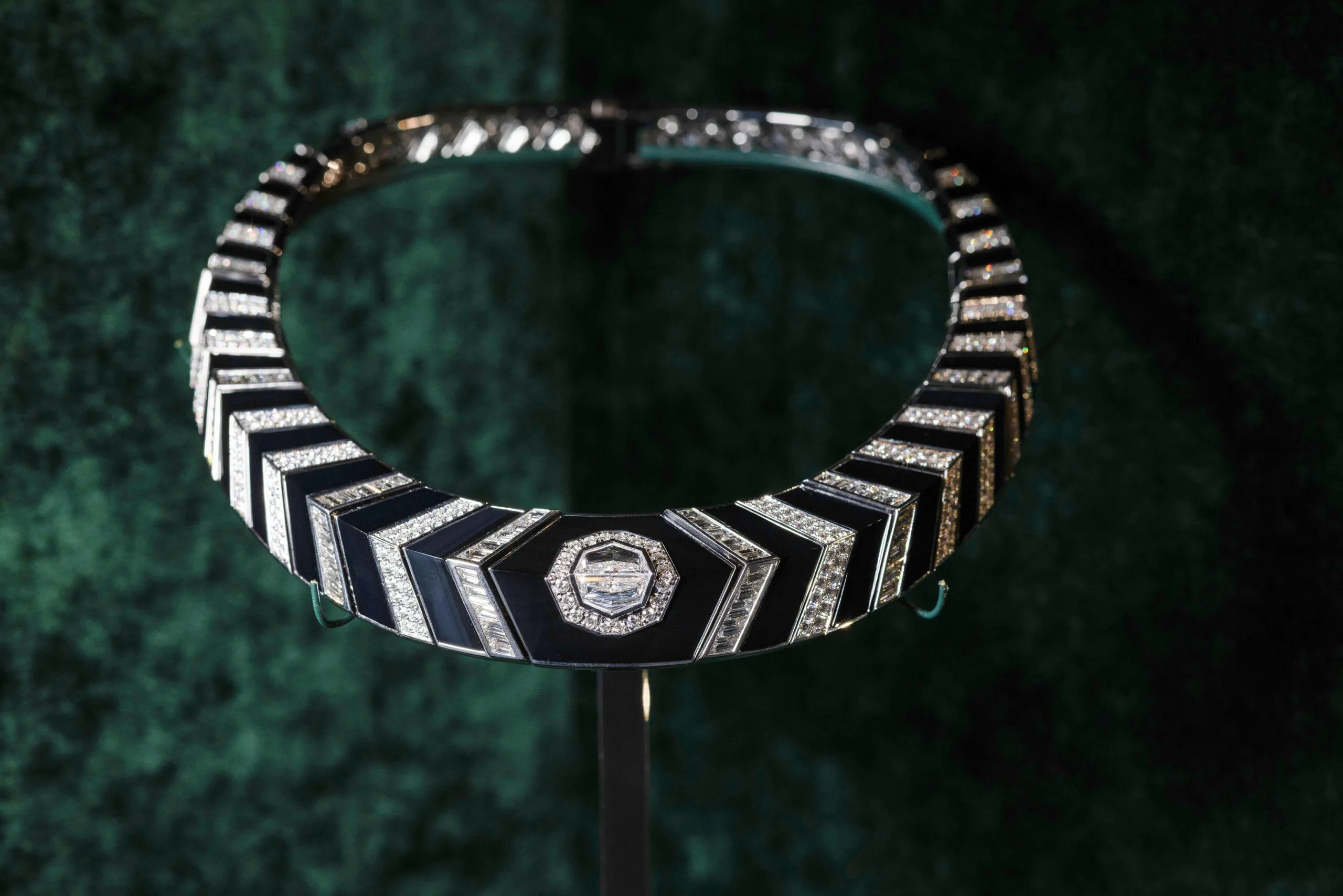 <p>Messika Zebra Mnyama necklace with a shield-cut D-flawless diamond of 1.52 carats and a second shield-cut diamond of 1.50 carats, surrounded by baguette-cut diamonds and onyx, part of the Terres d’Instinct High Jewellery collection</p>