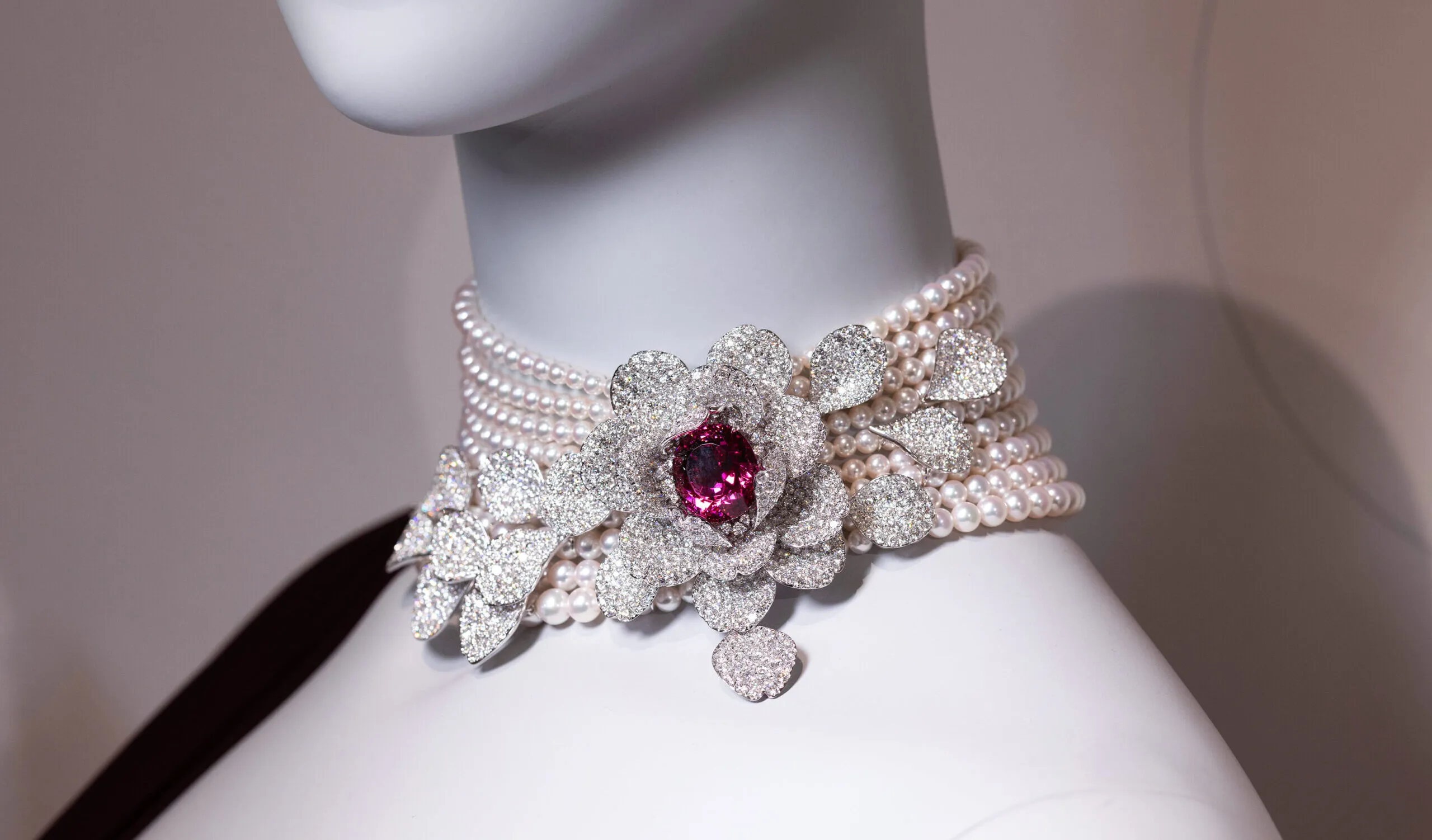 <p>An Akoya cultured pearl choker necklace with a 24.17-carat tourmaline and 49.94 carats of diamonds, set in 18k white gold, part of the Mikimoto Les Pétales High Jewellery collection</p>
