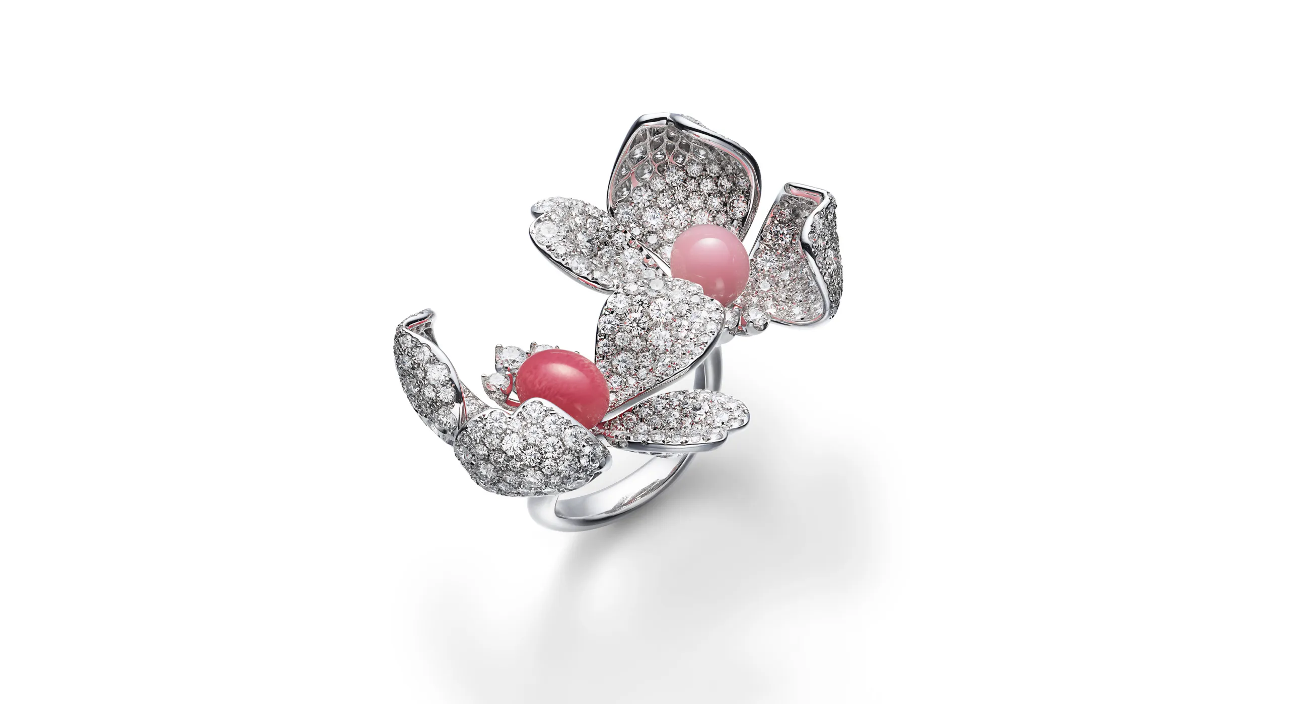 <p>A natural conch pearl ring with 3.95 carats of diamonds set in 18k white gold, part of the Mikimoto Les Pétales High Jewellery collection</p>