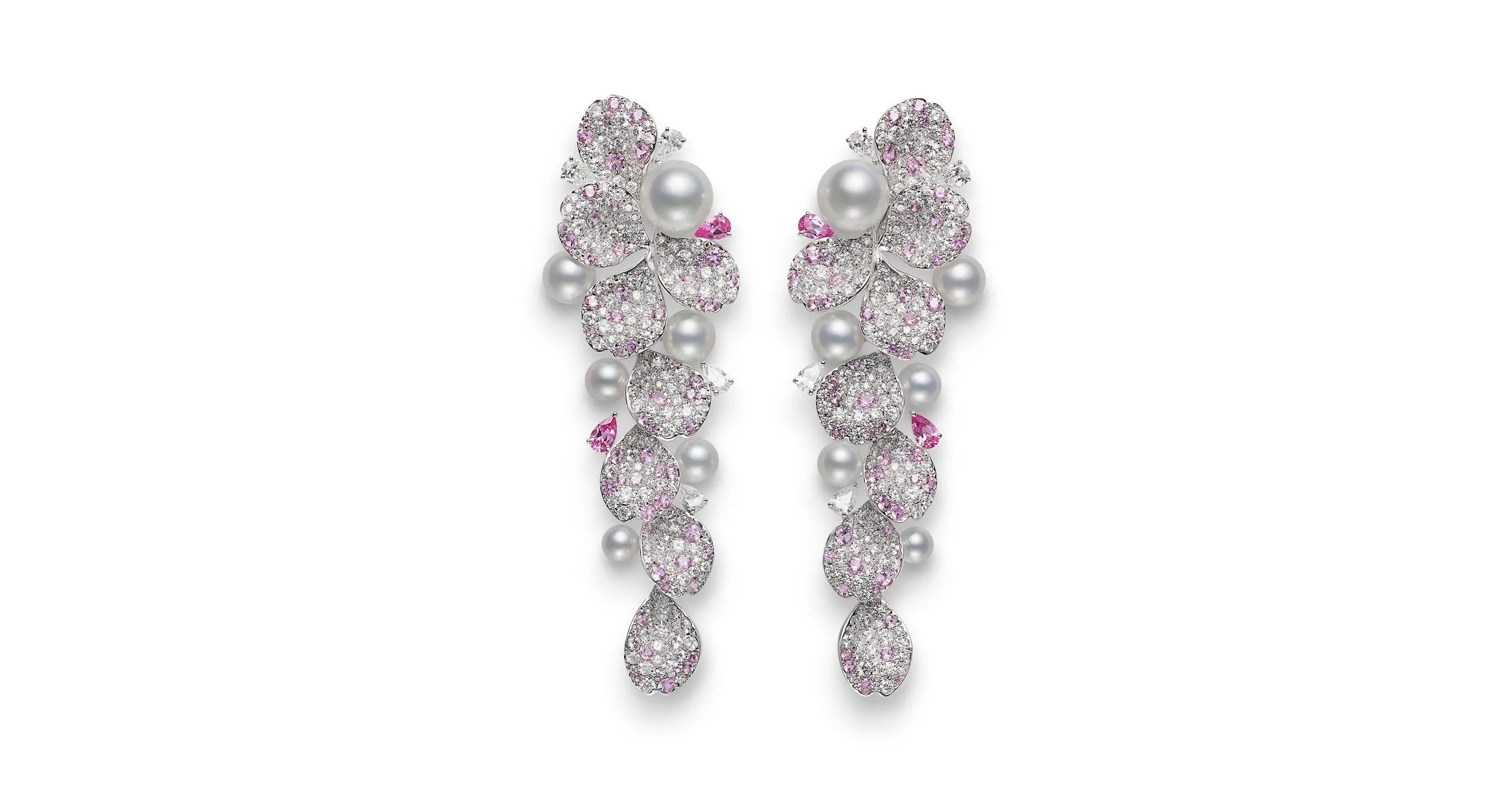 <p>Akoya cultured pearl earrings with 3.63 carats of sapphire and 7.09 carats of diamonds in 18k white gold, part of the Mikimoto Les Pétales High Jewellery collection</p>