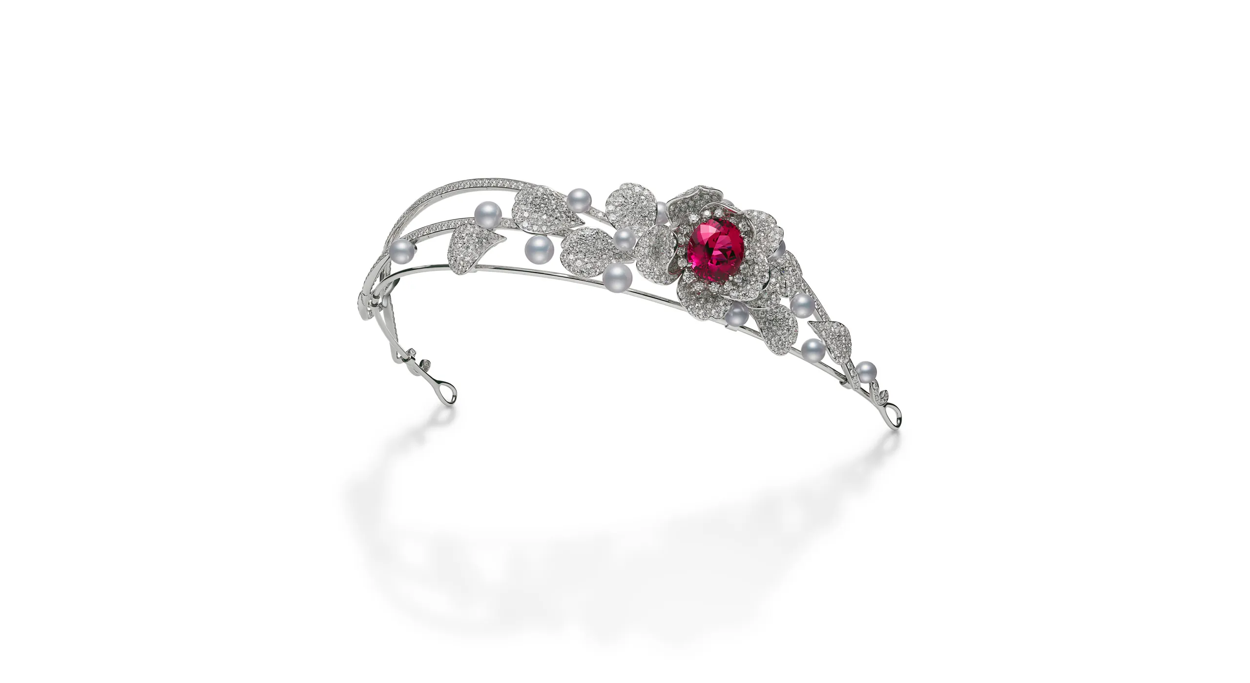 <p>An Akoya cultured pearl head jewel with a 13.10-carat rubellite and 22.84 carats of diamonds in 18k white gold, part of the Mikimoto Les Pétales High Jewellery collection</p>