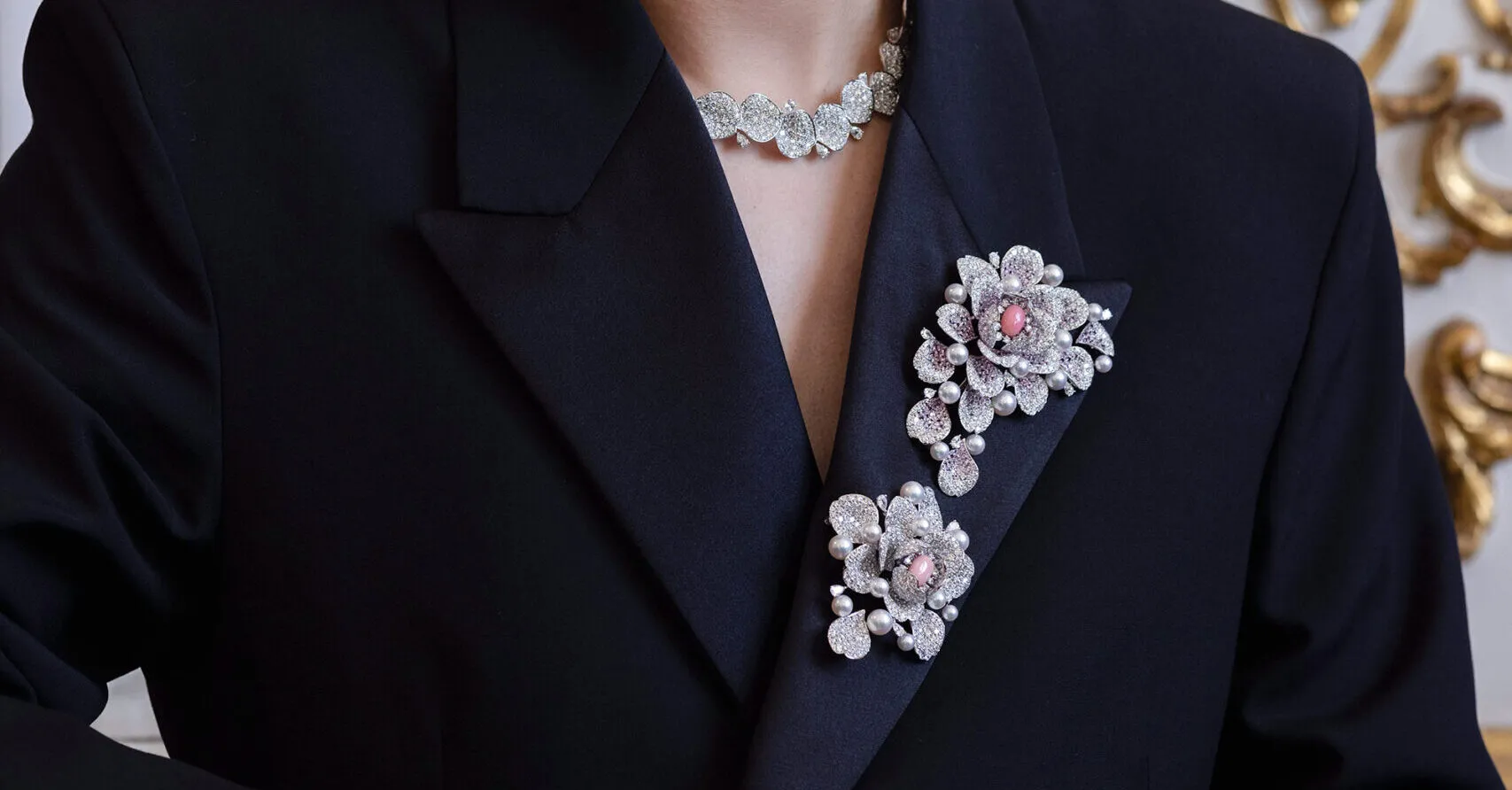 <p>A natural conch pearl brooch with Akoya cultured pearls, 17.86 carats of sapphires and 31.87 carats of diamonds set in 18k white gold, part of the Mikimoto Les Pétales High Jewellery collection</p>