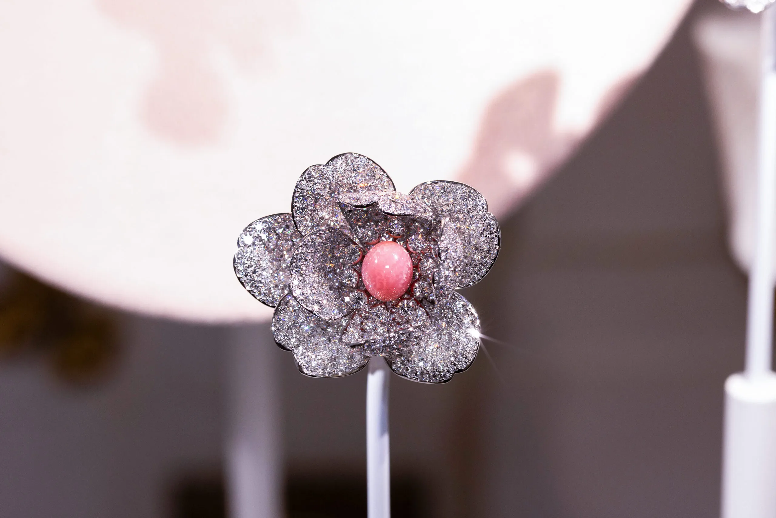 <p>A conch pearl creation with 6.77 carats of diamonds from the Mikimoto Les Pétales High Jewellery collection, presented at Paris Haute Couture Week</p>