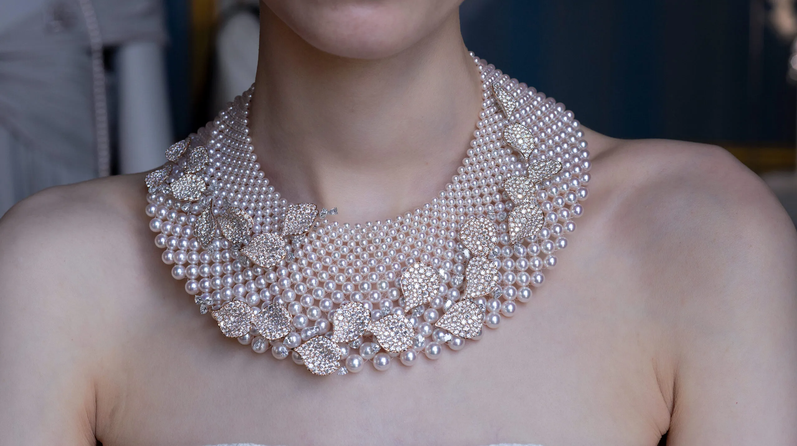 <p>An Akoya cultured pearl necklace with 51.99 carats of diamonds set in 18k rose gold, part of the Mikimoto Les Pétales High Jewellery collection</p>