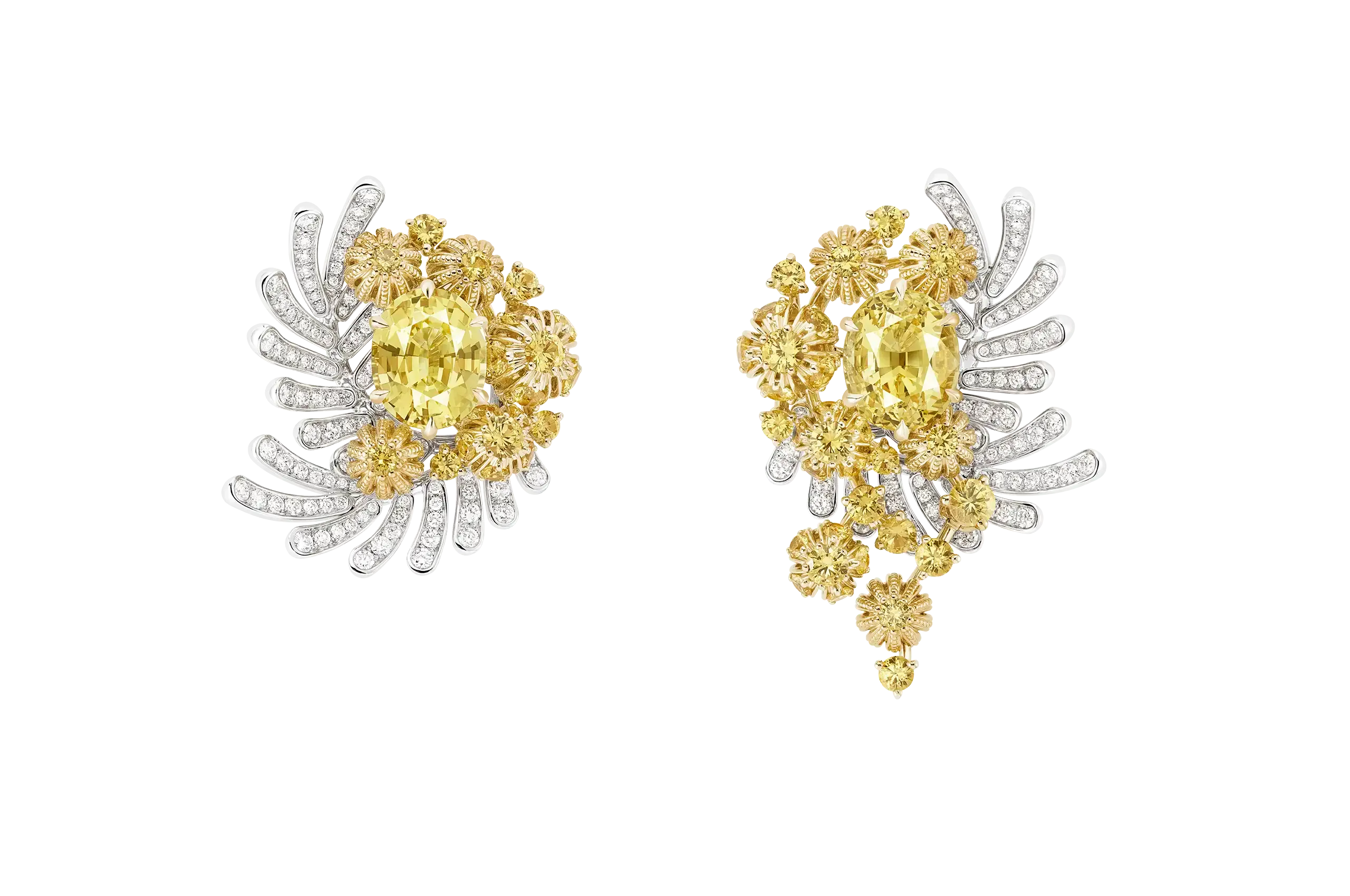 The mismatched Blooming Senses earrings, set with 4.67 and 5.95-carat oval yellow sapphires, diamonds and yellow sapphires