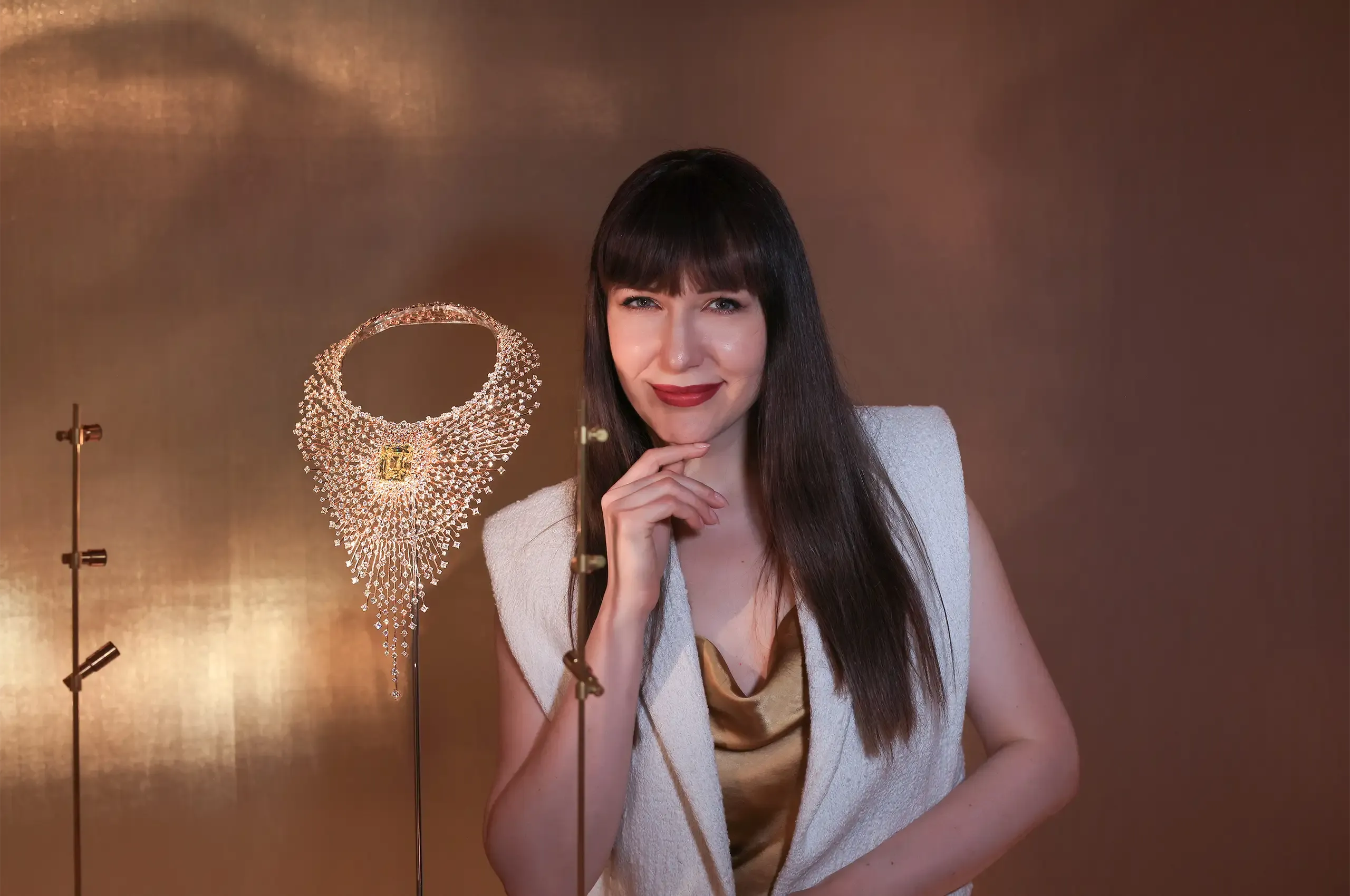 Katerina with the Soleil d’Or Golden Light necklace, set with the important Soleil d’Or diamond
