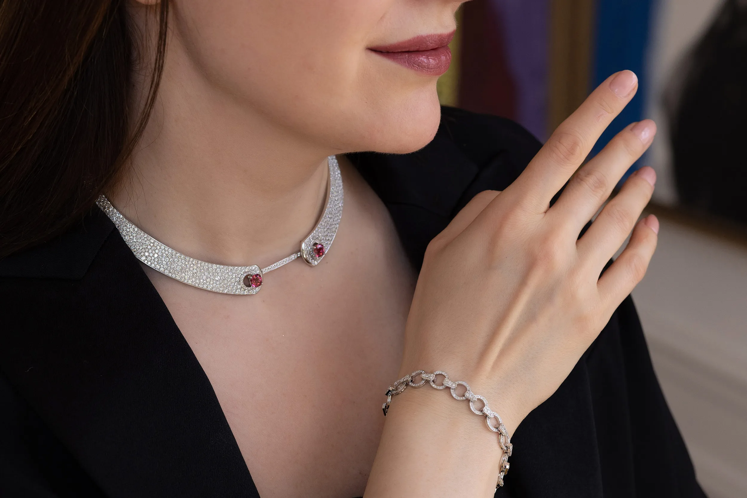 <p>Katerina Perez wears the Nouvel Héritage Mood necklace with cushion-cut pink tourmalines and 856 snow-set diamonds, totalling nearly 18 carats, set in 18k white gold, alongside the removable chain that can be worn as a bracelet </p>