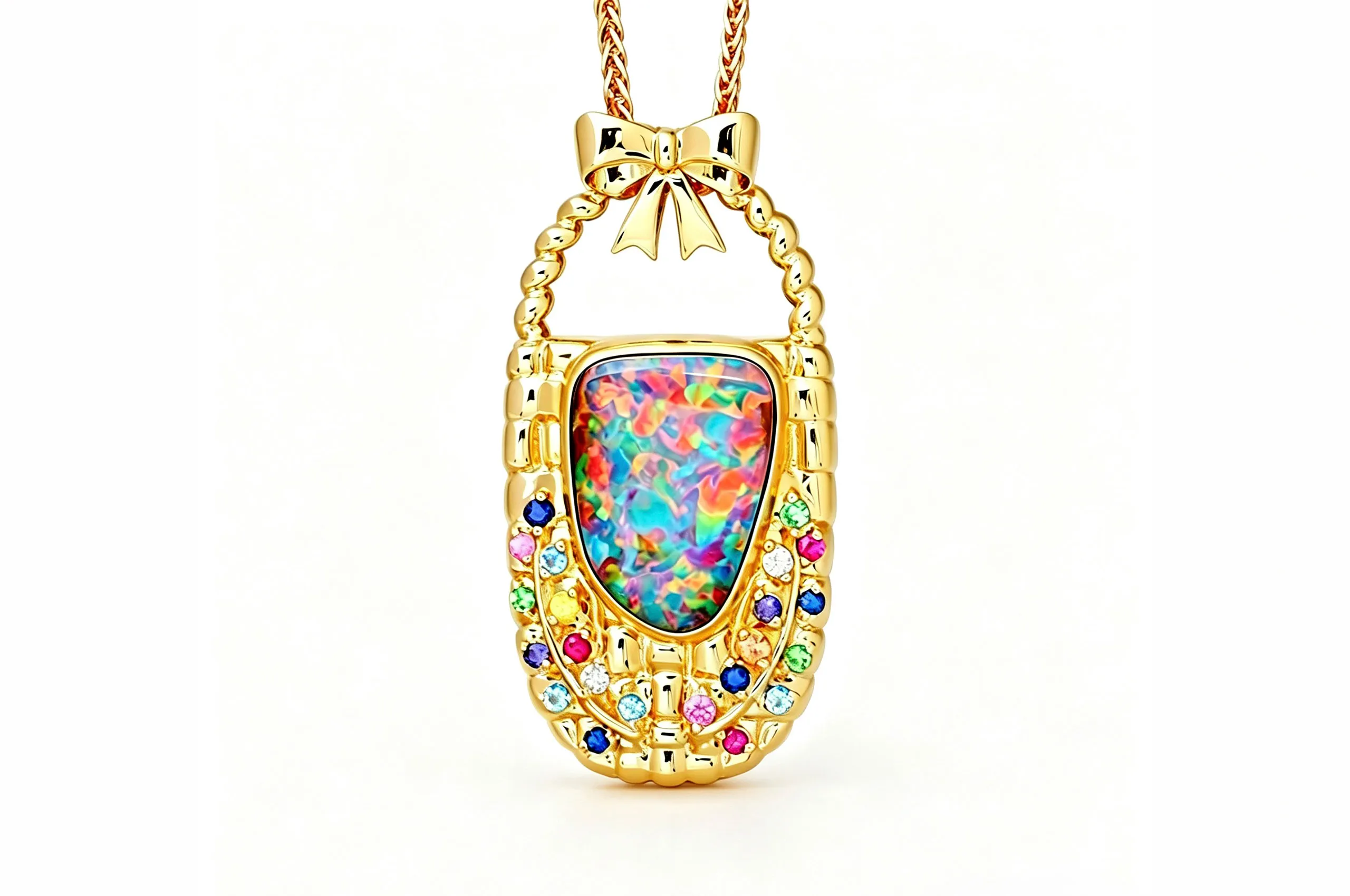 Olivia Chan Garden of Blossoms Opal Flower Basket pendant with a 6.90 carat Australian boulder opal, coloured gemstones and diamonds set in 18k yellow gold 