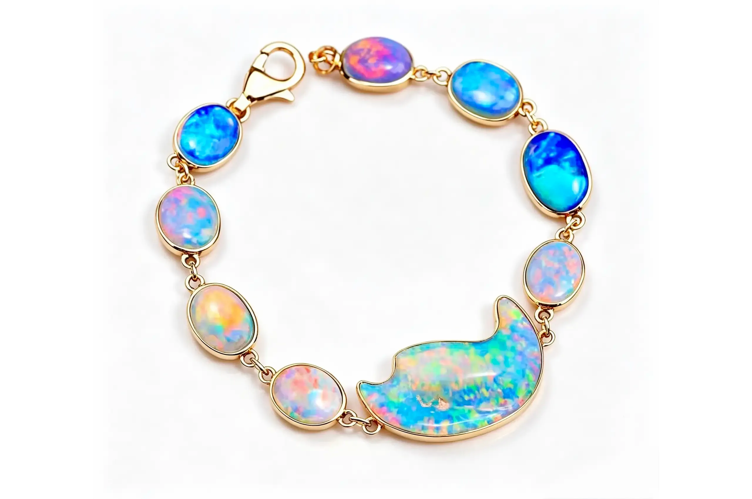 Olivia Chan Pastel Rainbow opal bracelet with Australian opals set in 18k yellow gold 