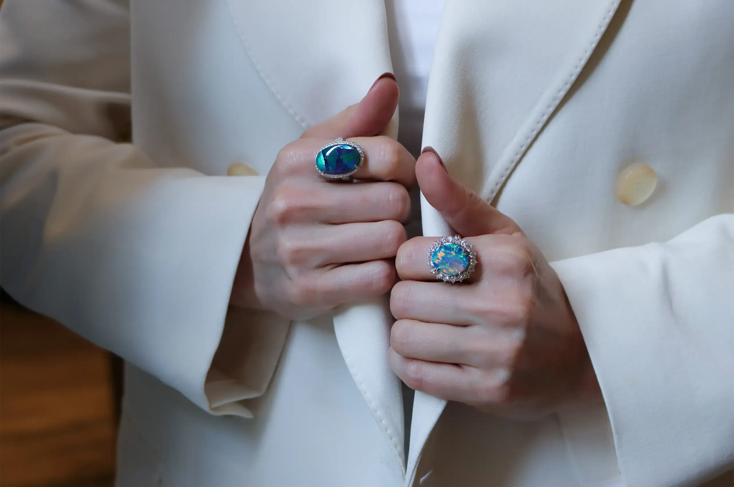 Colour and pattern make every Australian opal unique, as demonstrated by these 7.86 and 8.21-carat black opal rings by Olivia Chan