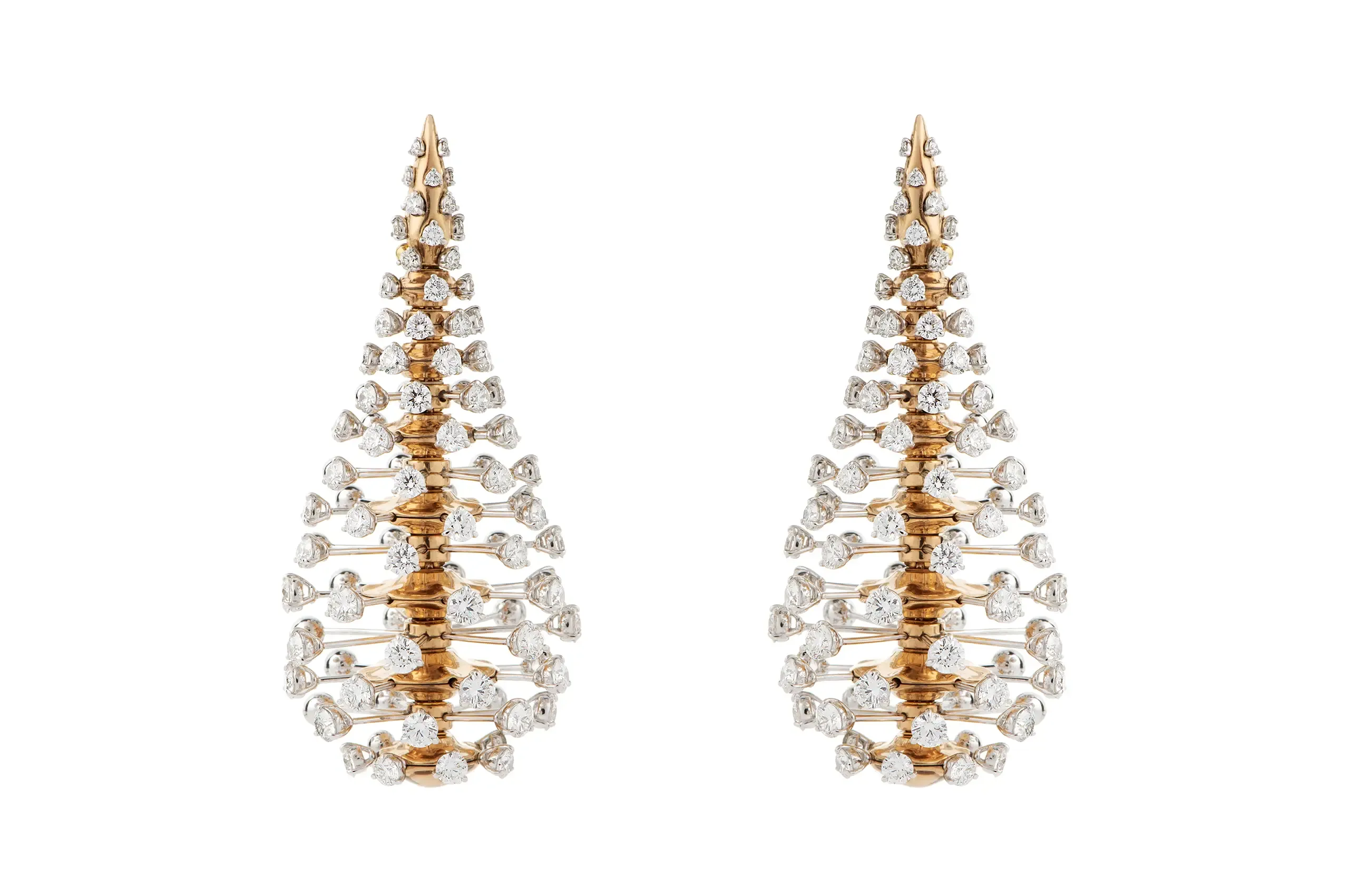 A creation by Nikos Koulis. WISH earrings, 18K white and yellow gold and aluminium, set with 13.27 carats of brilliant cut white diamonds, 2024.