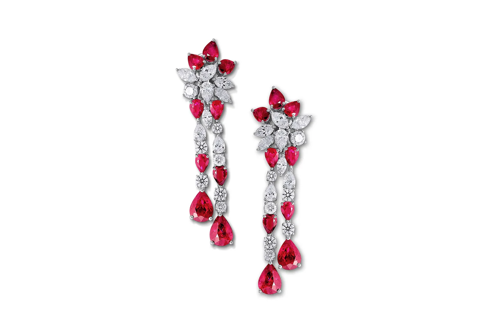 <p>Picchiotti Burma Super Star earrings from the Picchiotti Classics collection with pear-shaped Burmese rubies totalling nearly 16 carats alongside pear-shaped, marquise-shaped and round brilliant-cut diamonds totalling 6.54 carats, set in 18k white gold </p>
