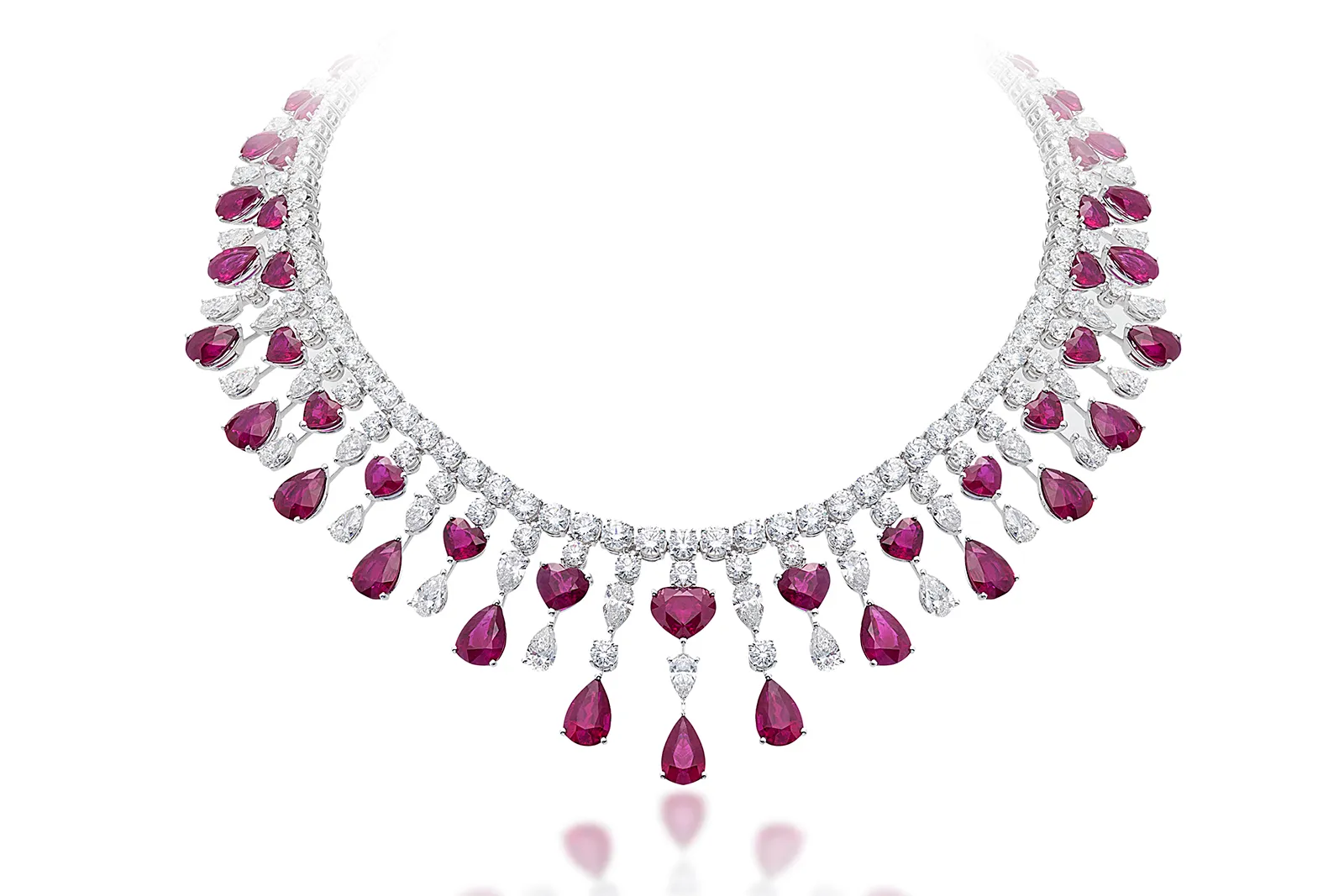 <p>Picchiotti Burma Super Star necklace from the Picchiotti Classics collection with 44.74 carats of heart-shaped Burmese rubies, further Burmese rubies totalling approximately 63 carats, and pear-shaped, marquise-shaped and round brilliant-cut diamonds totalling more than 50 carats, set in 18k white gold </p>
