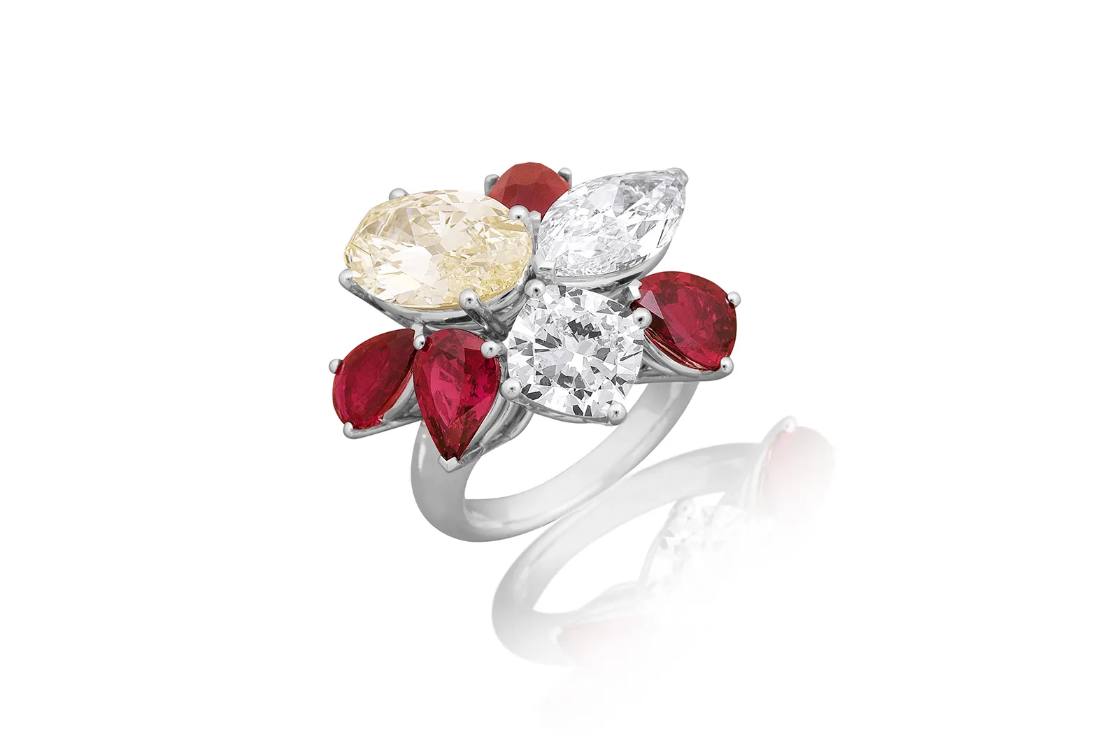 <p>Picchiotti Burma Super Star ring from the Picchiotti Classics collection with an oval-shaped diamond of 4.43 carats, one marquise-shaped diamond of 3.19 carats, and a cushion-cut diamond of 2.34 carats, alongside Thai and Burmese rubies of nearly seven carats, set in 18k white gold </p>
