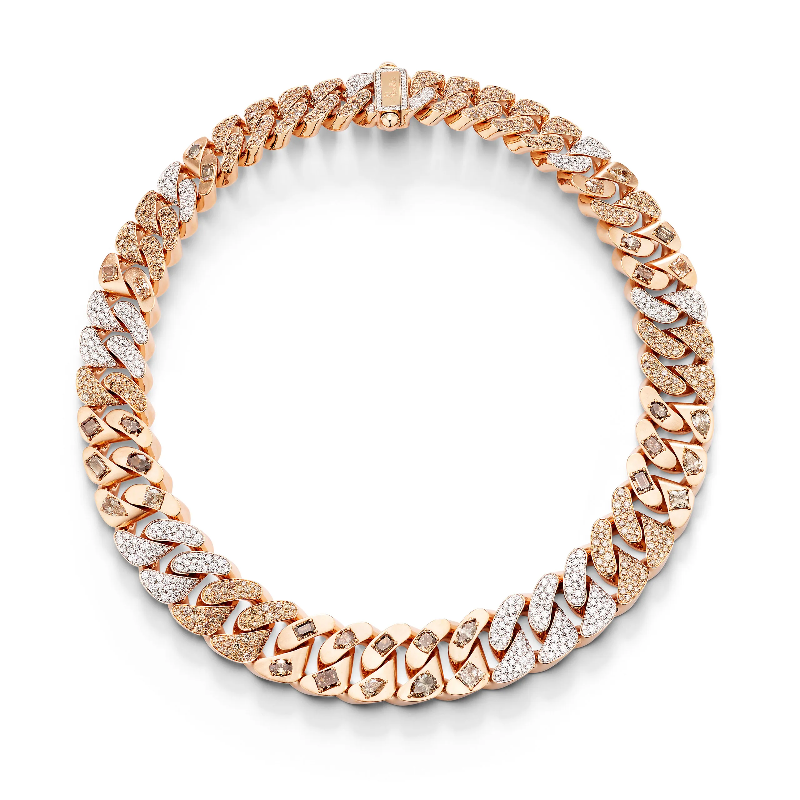 Pomellato Stile Libero Audace necklace in 18k rose gold with fancy brown diamonds, white diamonds and champagne diamonds.