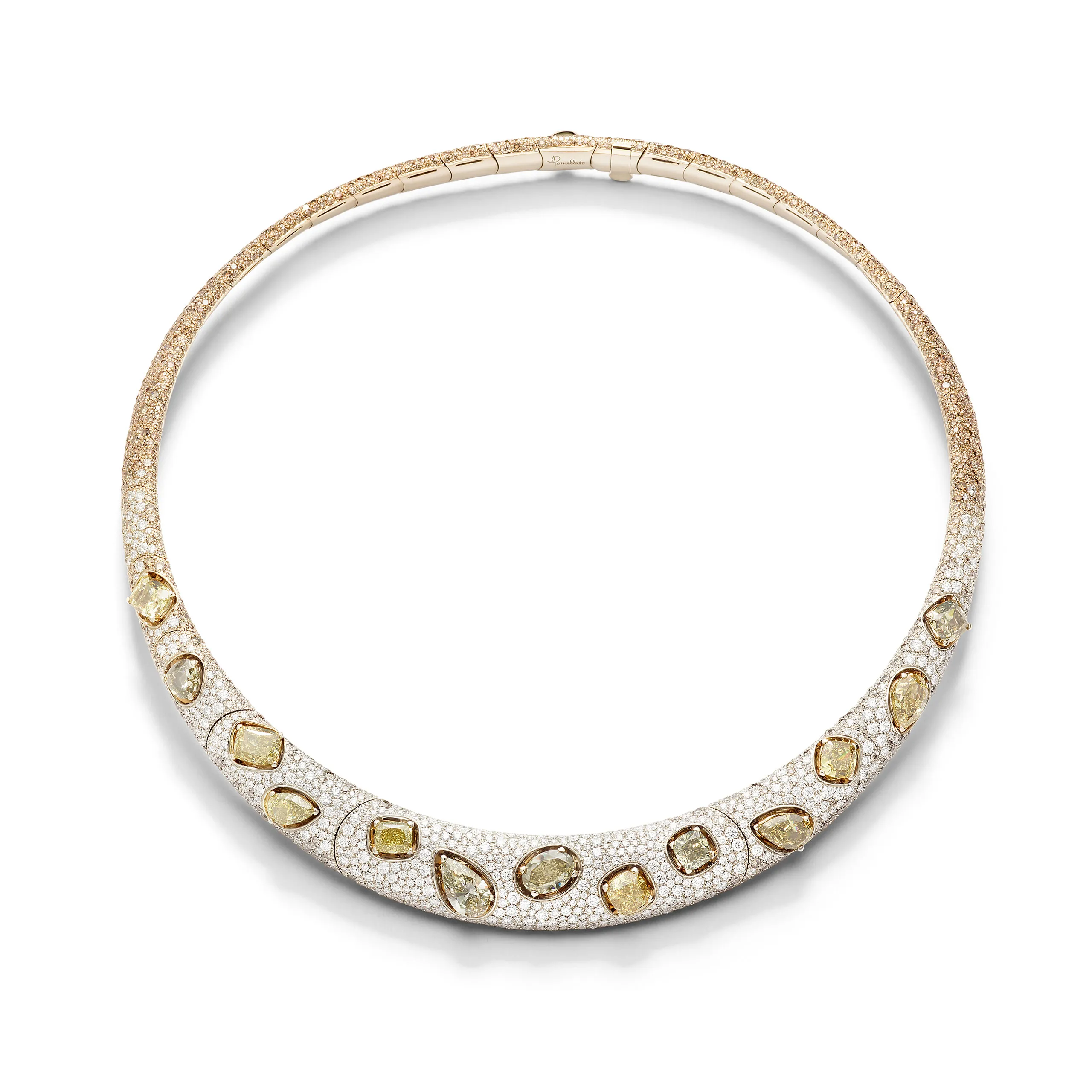 Pomellato Stile Libero Byzantine necklace in 18k white gold with fancy yellow diamonds and diamonds.