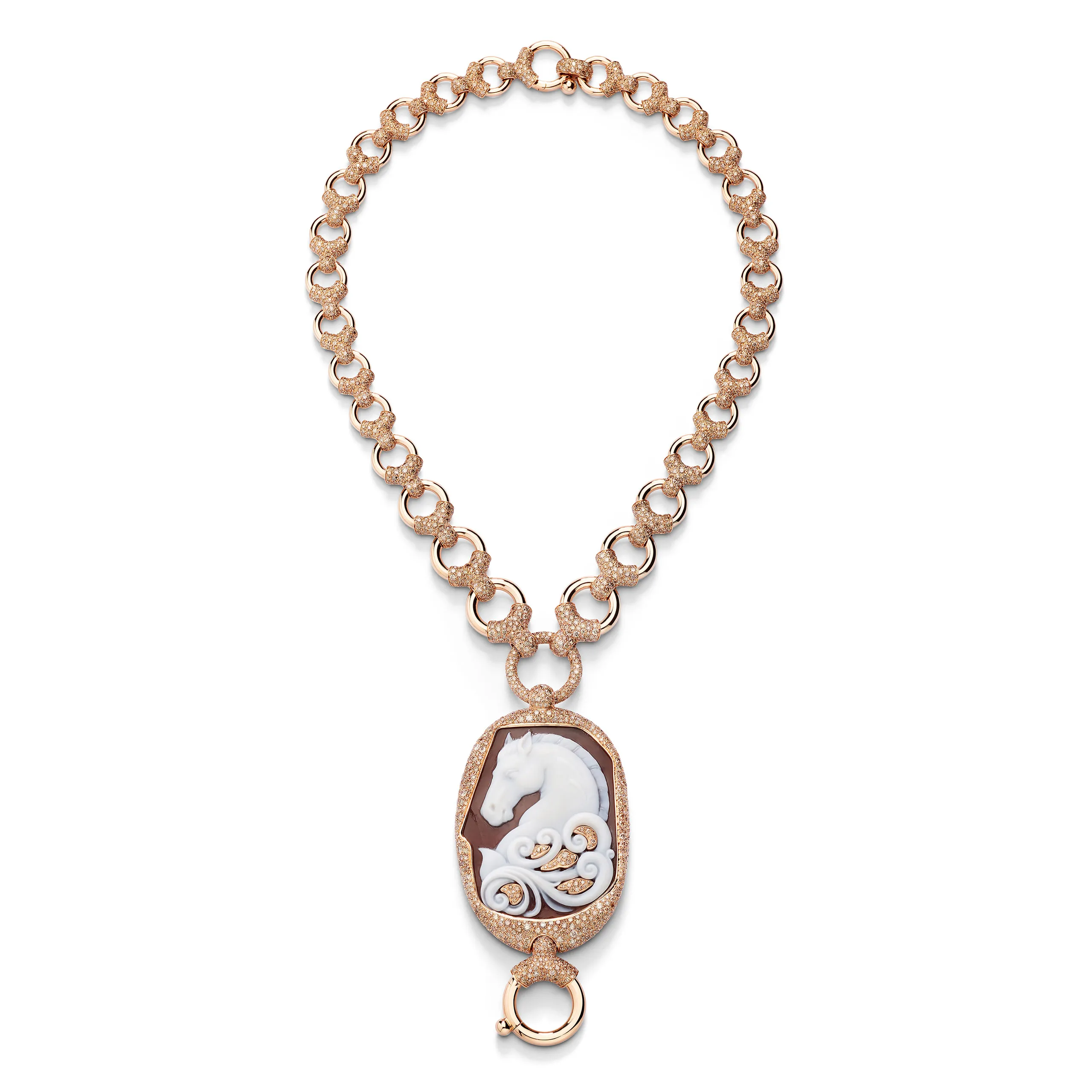 Pomellato Stile Libero Dressage Cameo necklace and pendant in 18k rose gold with diamonds.