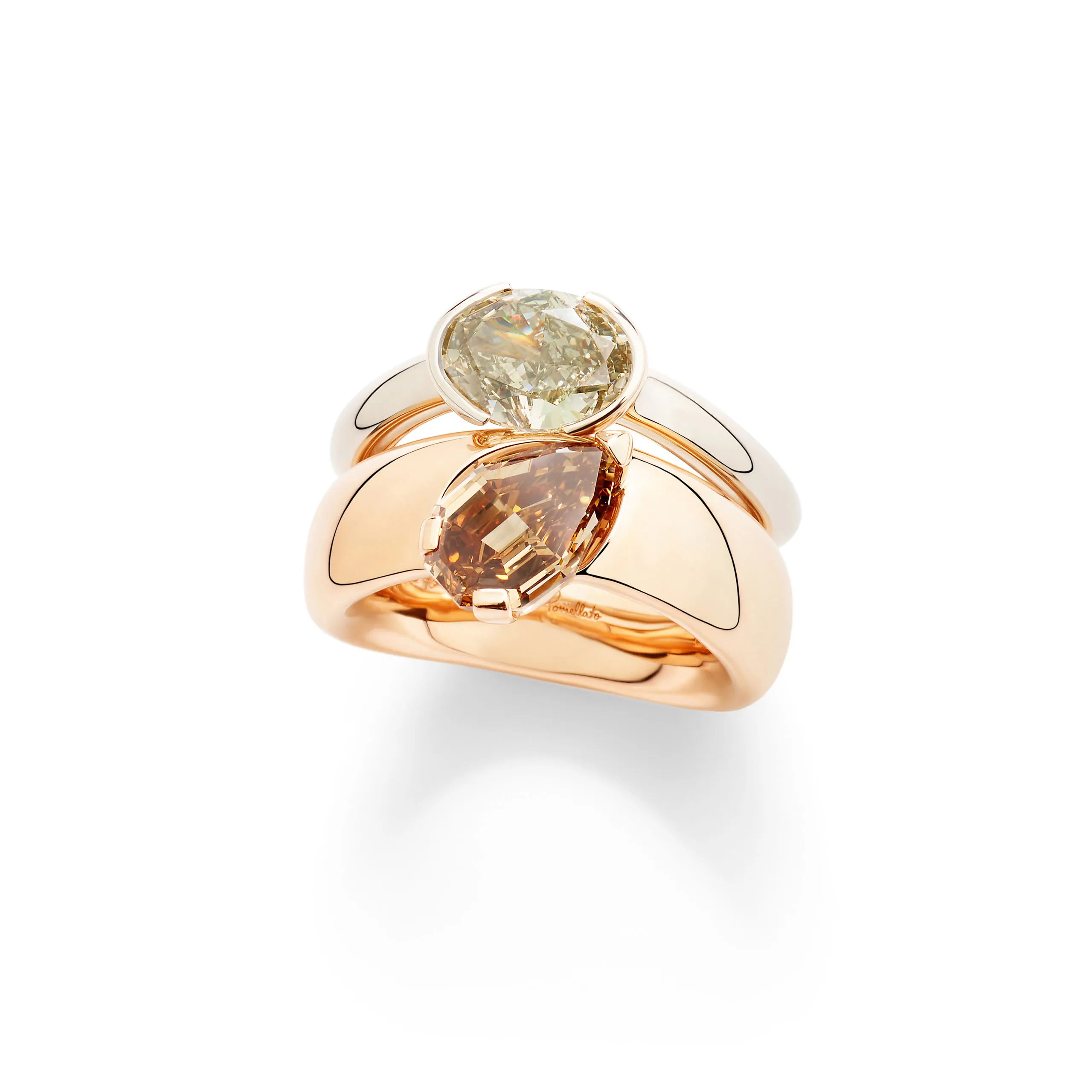Pomellato Stile Libero Note di Luce ring in 18k rose and white gold with fancy coloured diamonds.