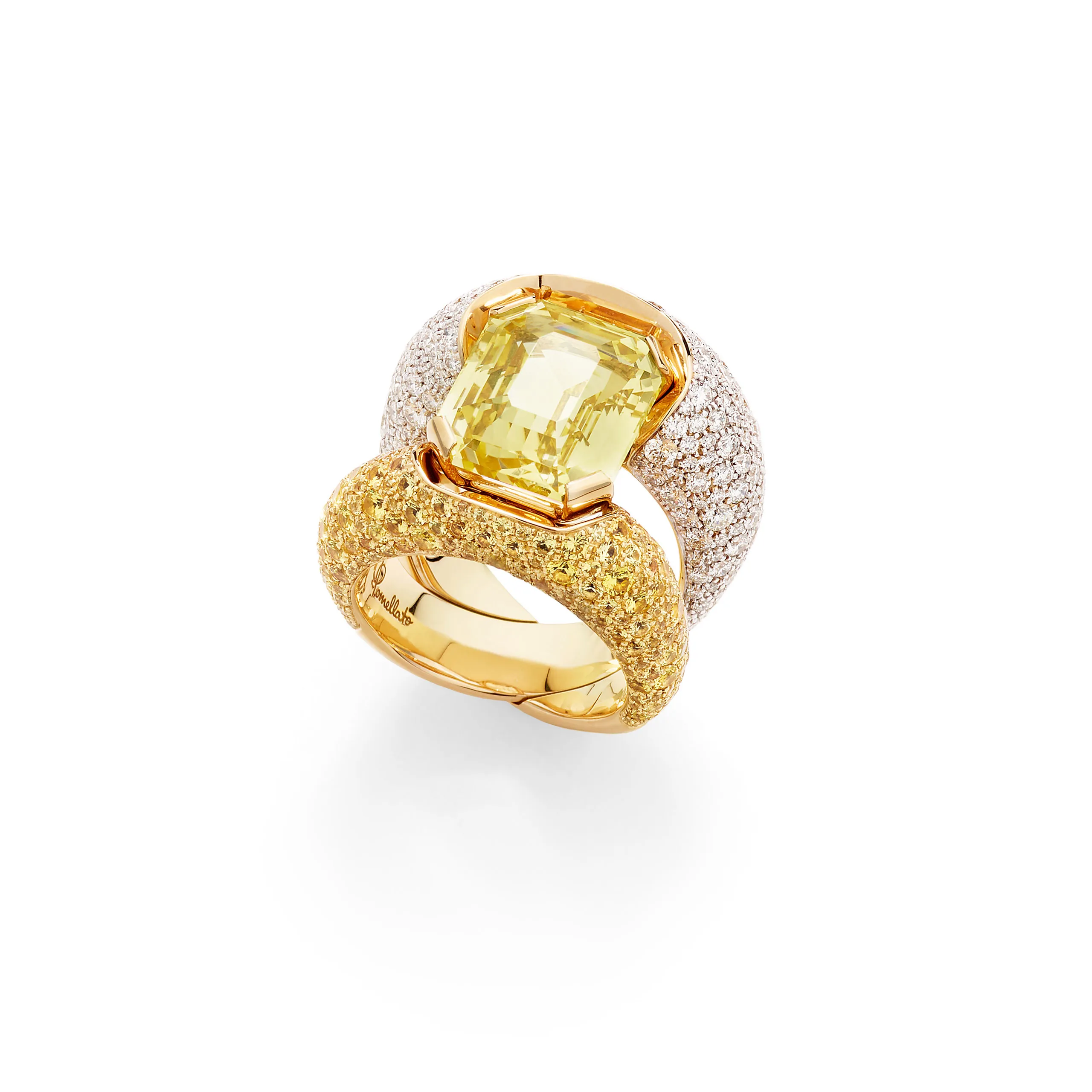 Pomellato Stile Libero Ray of Light ring in 18k yellow and white gold with a yellow sapphire and diamonds.