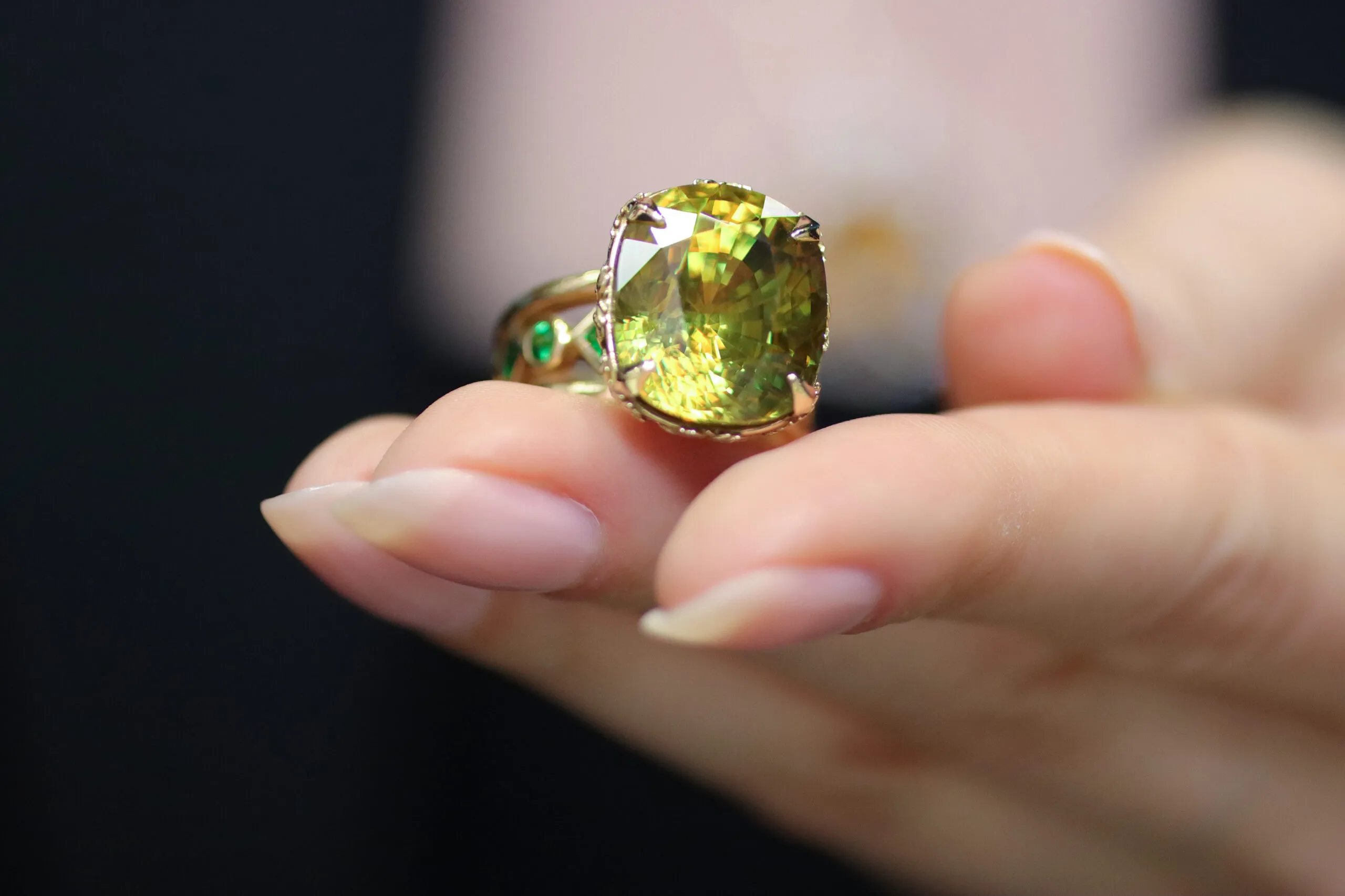 <p>Palm Beach Gems by Nicole ‘Palm Beach’ ring, designed by Robin Callahan, set with a 17.75 carat sphene, citrines and tsavorite garnets in 18k yellow gold</p>