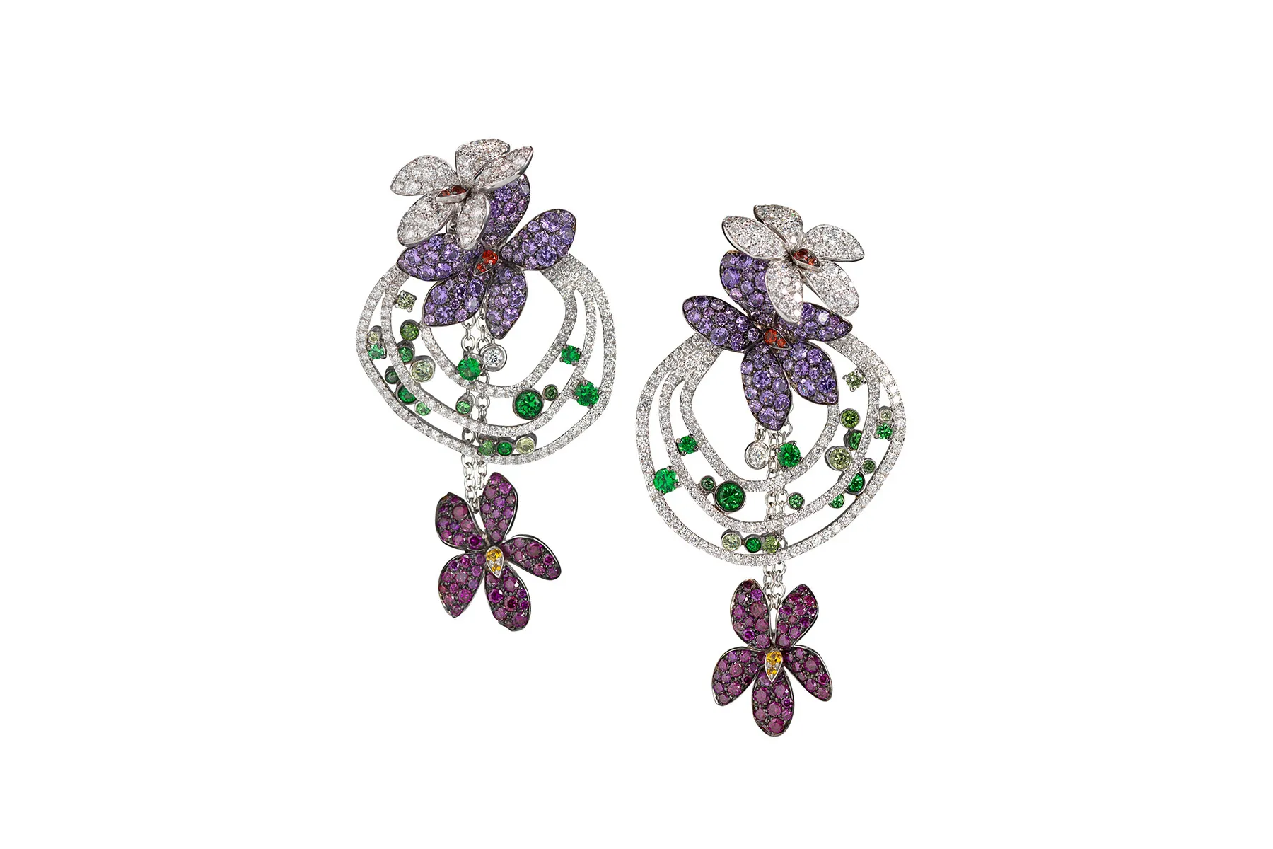 <p>Palmiero ‘Violet’ earrings in colourless diamonds, sapphires and semiprecious stones on 18k white gold</p>