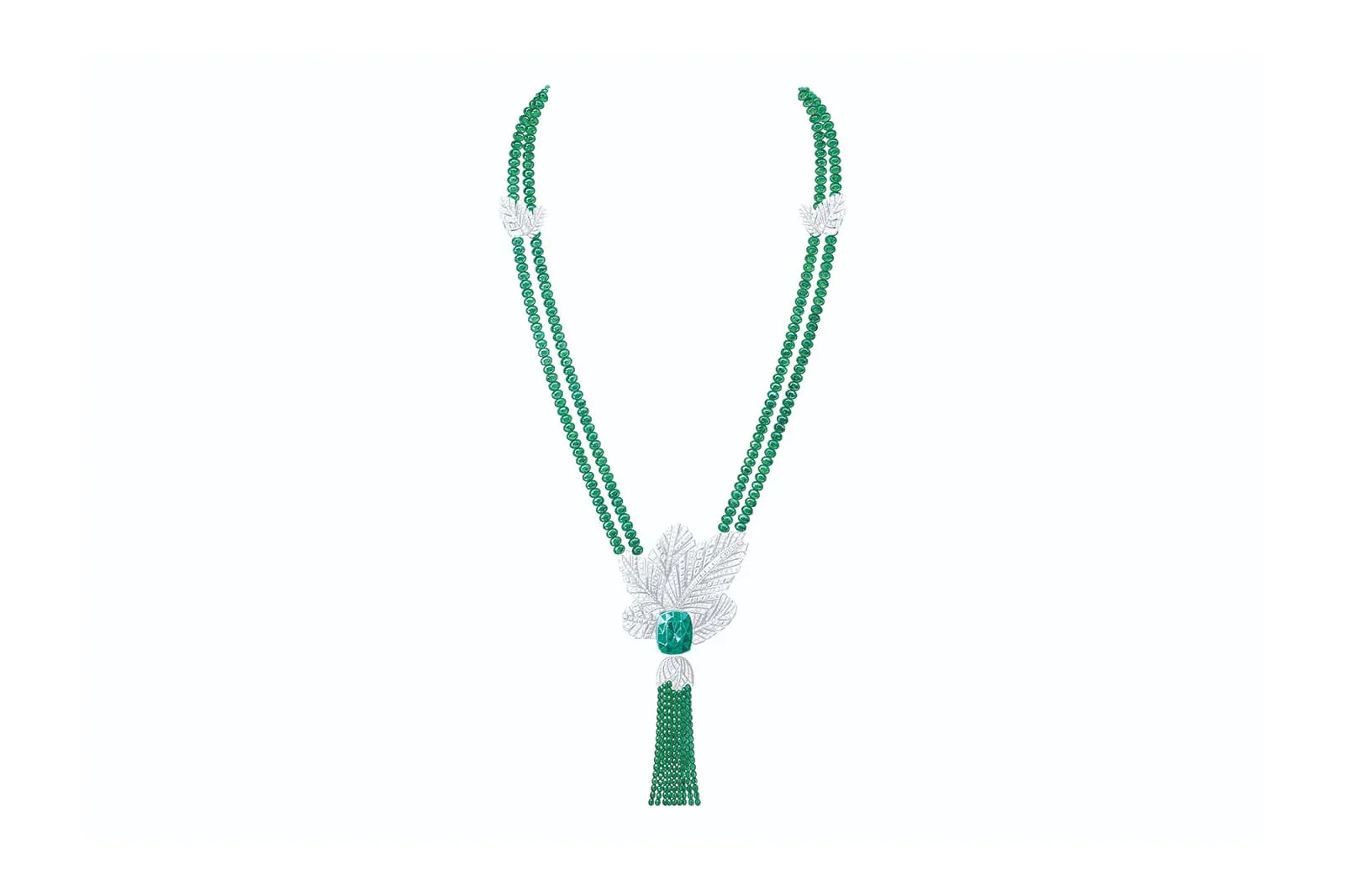 <p>Piaget ‘Golden Oasis’ collection ‘Secret Oasis’ sautoir with 26ct Colombian emerald, accenting emeralds and diamonds in white gold</p>