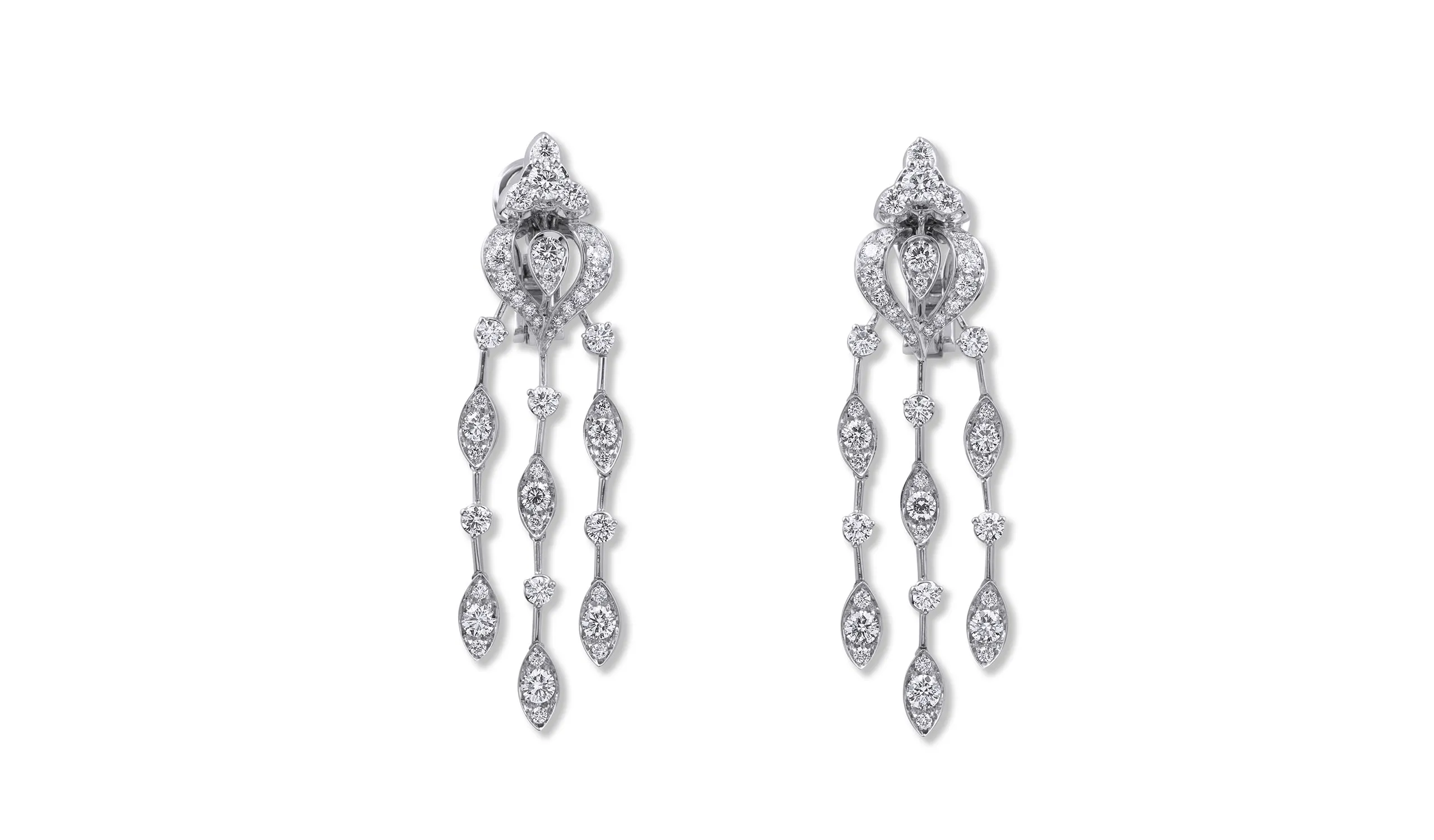 <p>A pair of white diamond high jewellery earrings completes the Diamond Waterfall suite</p>
