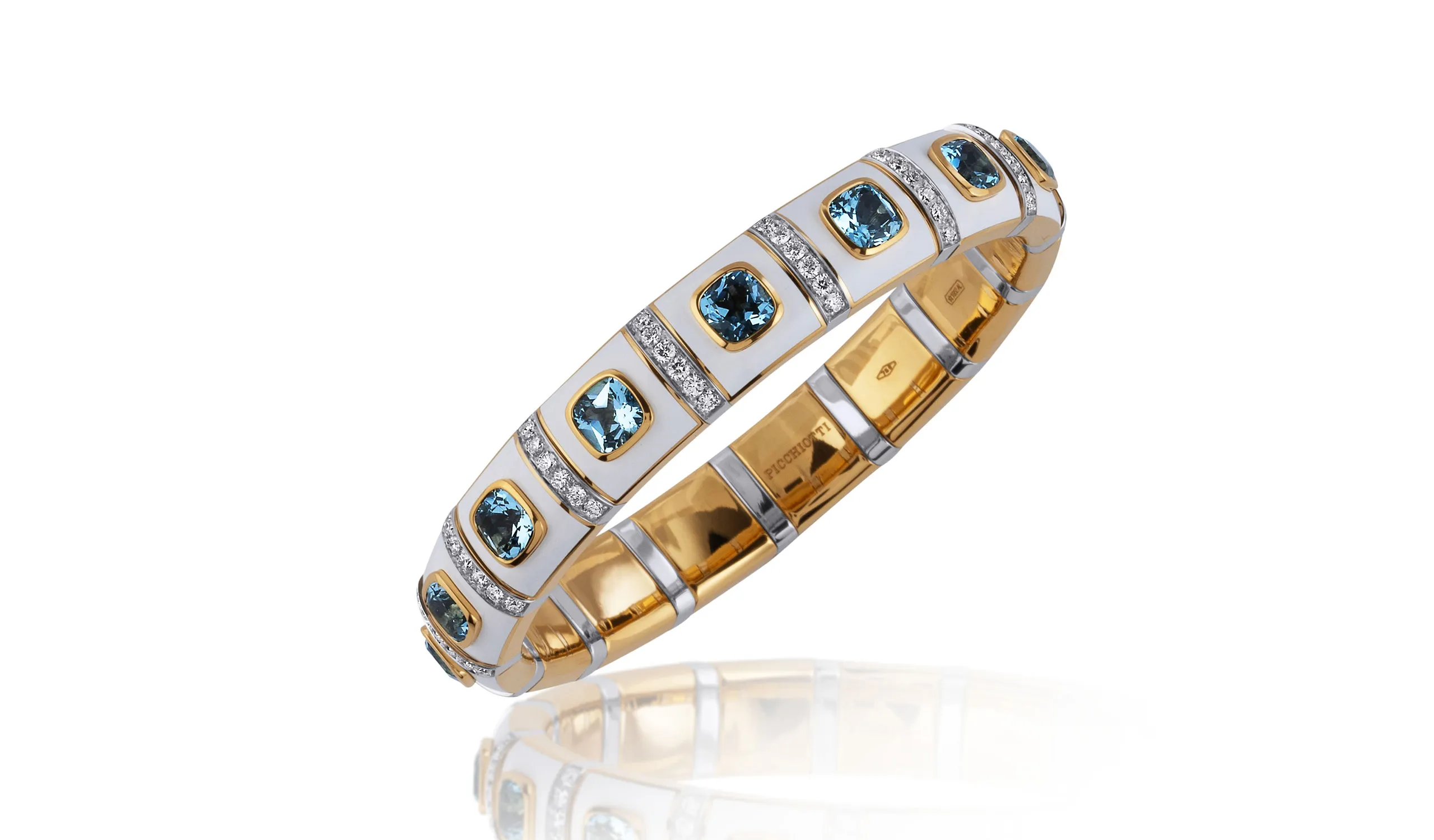 <p>The Essentially Color Xpandable capsule features the house’s proprietary white gem ceramic, paired here with cushion-cut aquamarines</p>
