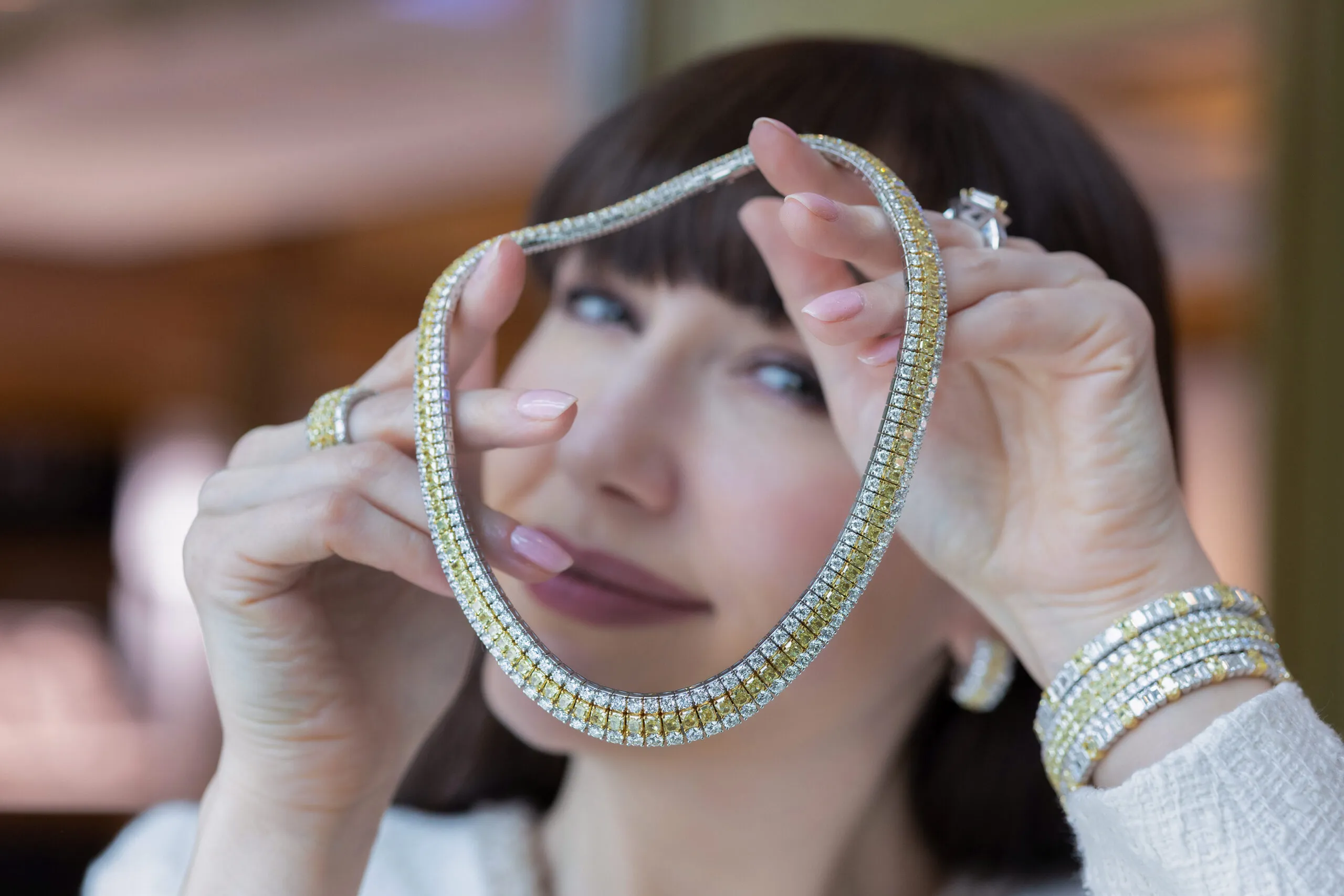<p>The new “Warming Trend” Xpandable necklace is set with 39.01ct of radiant-cut Fancy Yellow diamonds alongside 31.90ct of round white diamonds</p>
