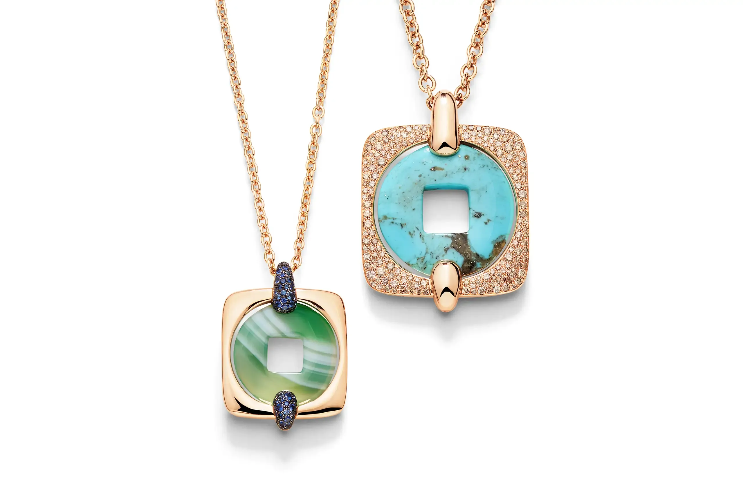 Black jade, amazonite, sodalite, kiwi jade, rhyolite, labradorite and rhodochrosite reveal Pomellato’s instinctive command of chromatic harmony, each stone selected for the emotion and character of its colour.