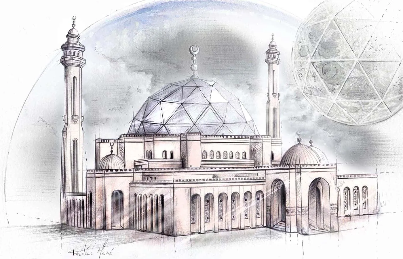 <p> Qannati Barhain Mosque sketch</p>