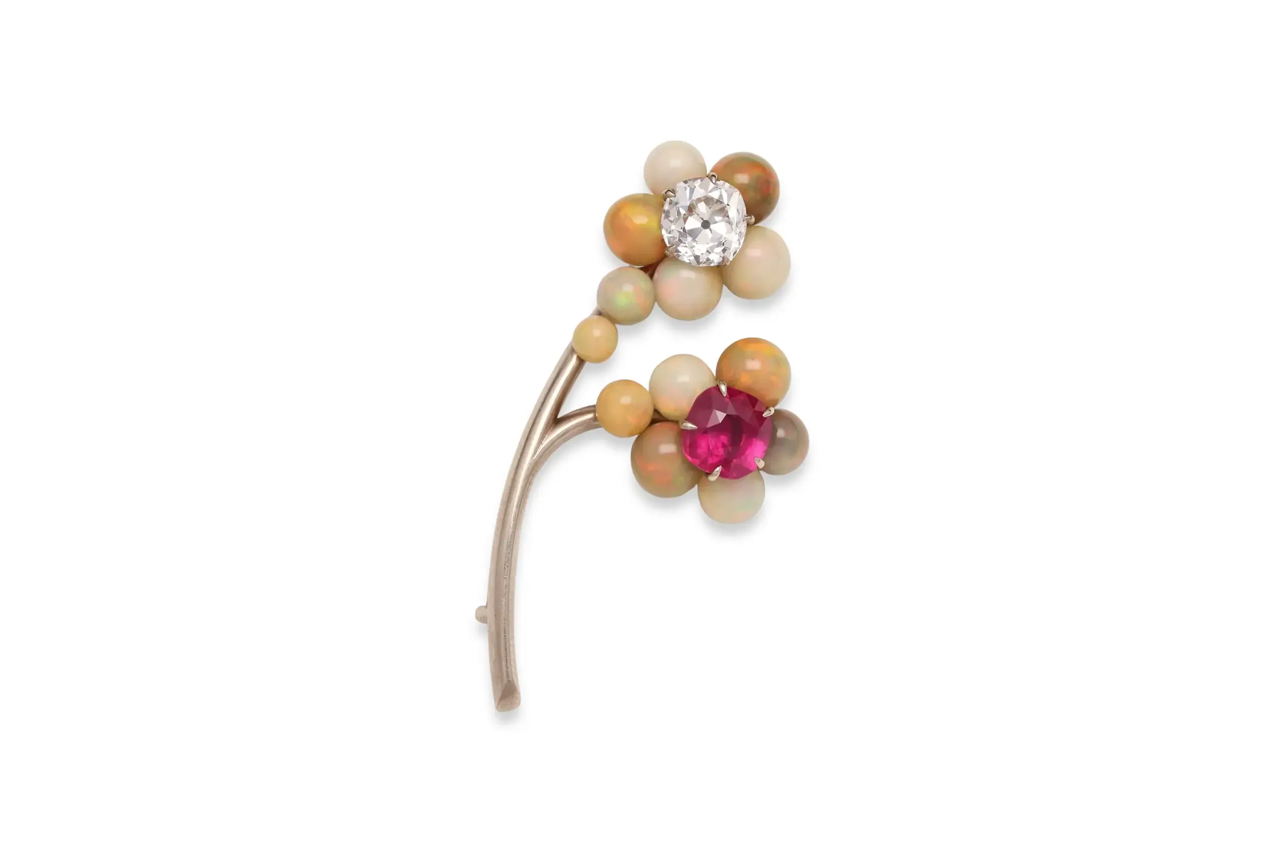 R KHENI Ruby and Opal Brooch, presented by Second Petale Gallery. 18K white gold, diamonds and natural opals, centred on a 3.01 carat cushion cut ruby.