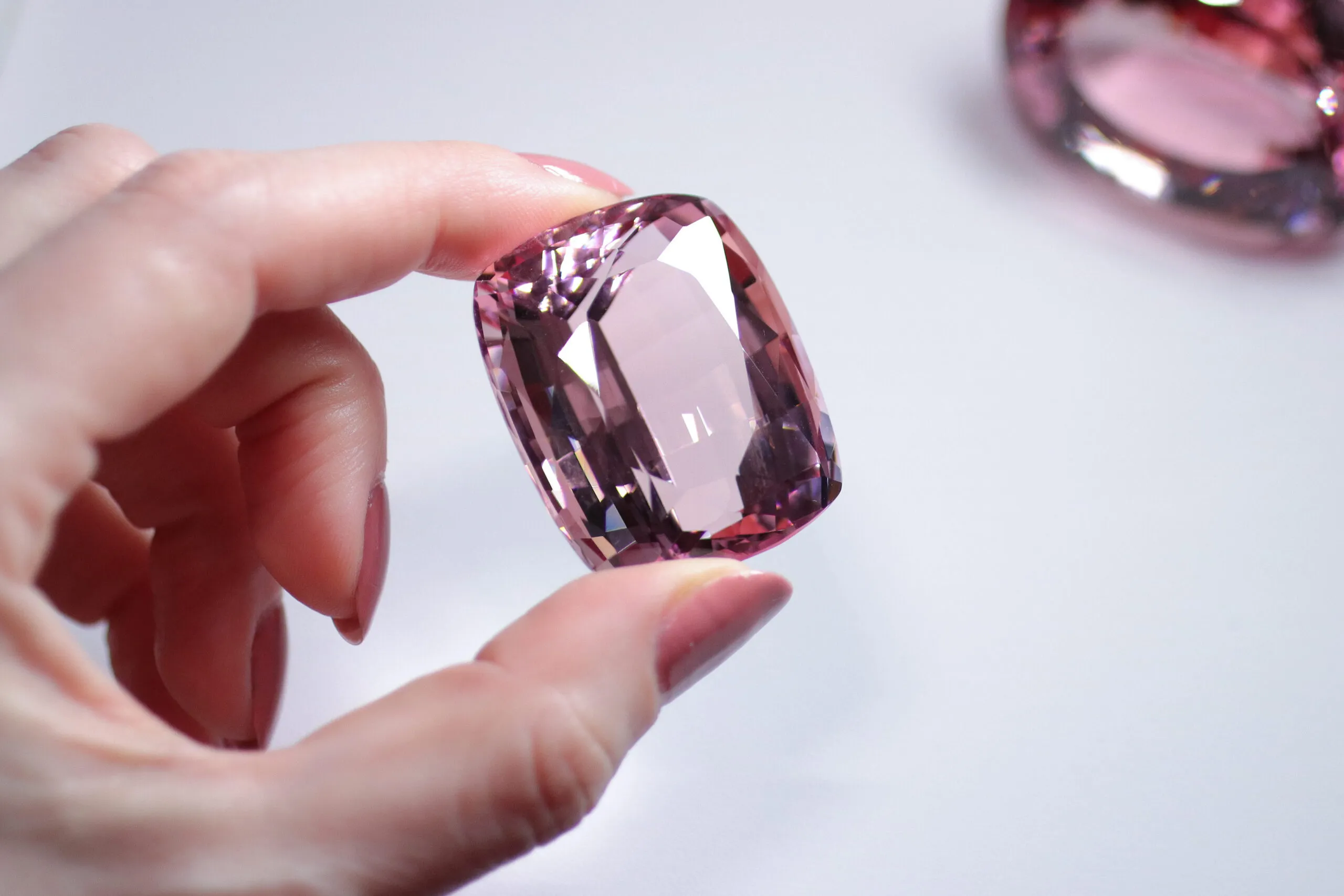 <p>A 278.28ct cushion-cut morganite from Madagascar at RMC Gems. The classic source for fine morganites, any specimen over 200 carats with good colour is considered exceptional</p>