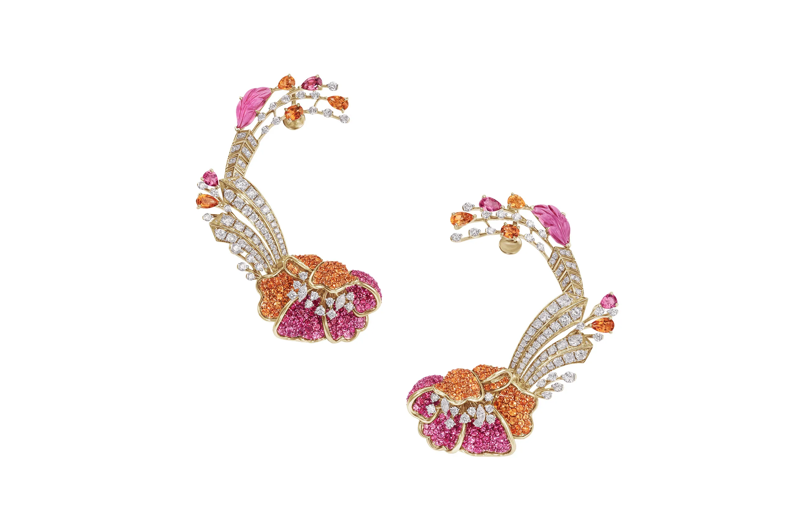 Citrine, diamond, pink rubellite and pink tourmaline ear climbers, inspired by the floral landscapes of Rahul Mishra’s couture