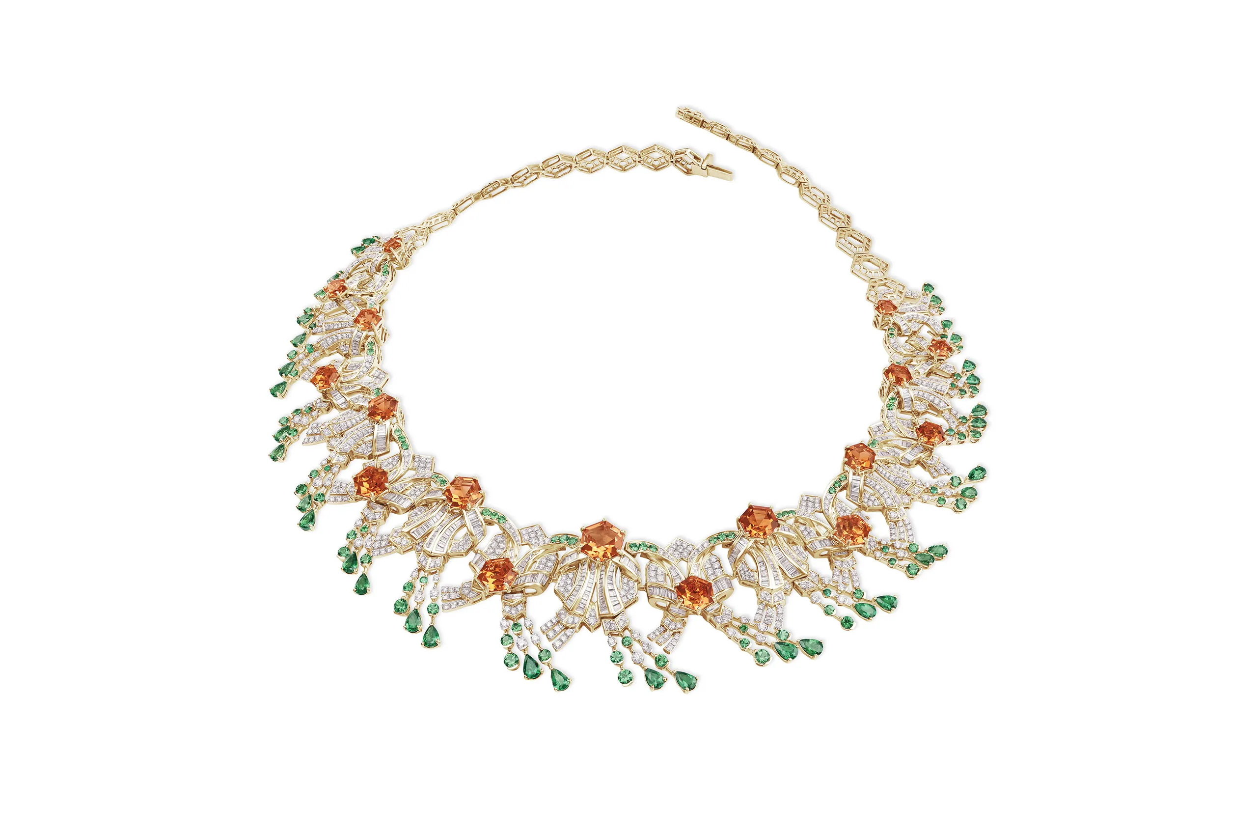 Inspired by Rahul Mishra’s love for geometric repetition, this hexagonal design is built around an impressive 35.30 carats of custom-cut citrines alongside tsavorites and diamonds