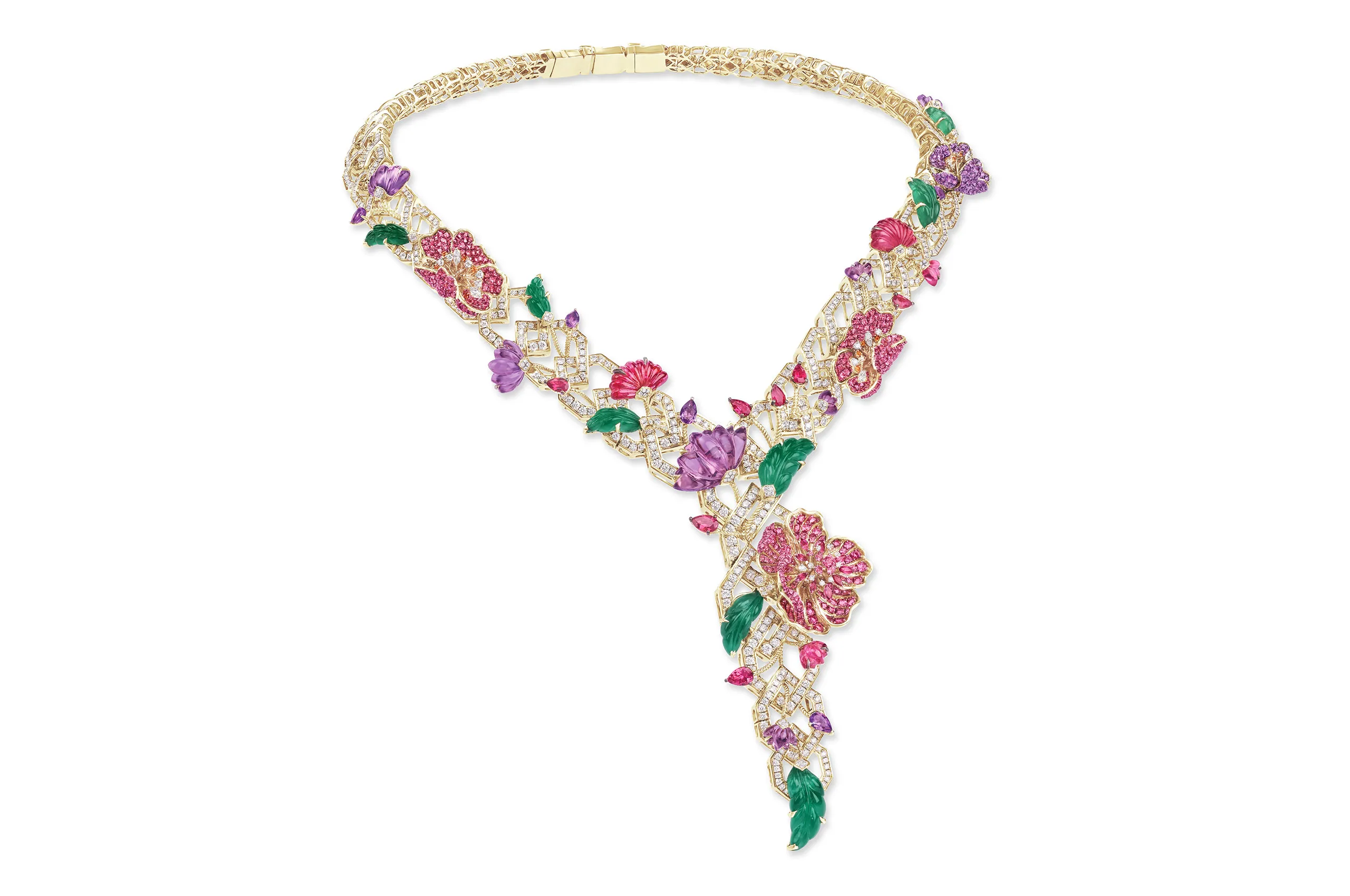 Geometry meets nature in this Rahul Mishra high jewellery necklace, set with amethysts, diamonds, emeralds, pink tourmalines and rubellite