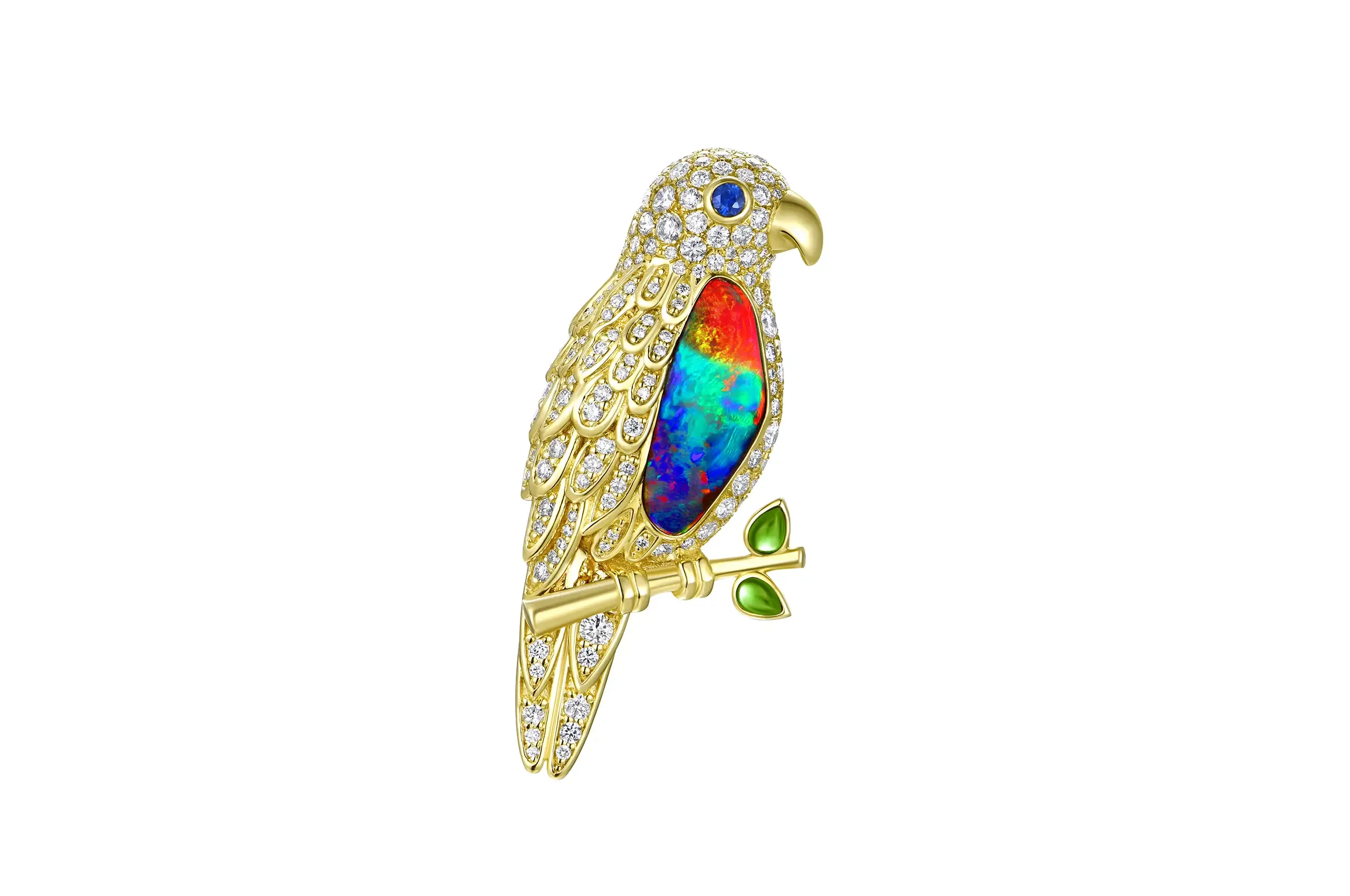 Olivia Chan Rainbow Lorikeet brooch with a 3.78 carat Australian boulder opal, diamonds and coloured gemstones set in 18k yellow gold 