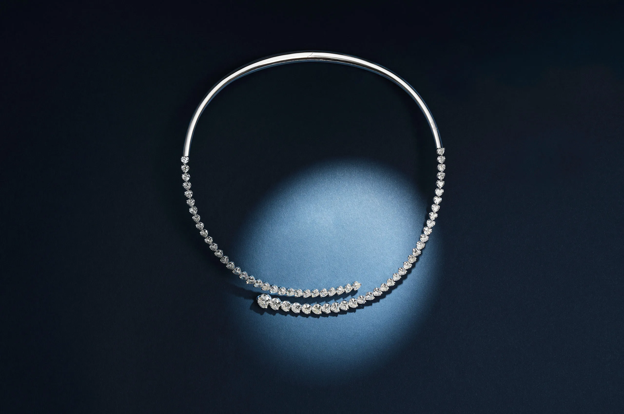 Recarlo Graduated Contrarié necklace with hidden clasp, set with heart-shaped diamonds in 18k white gold